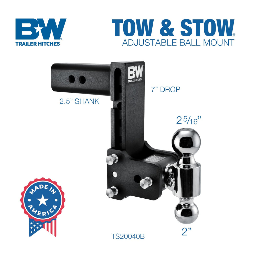 B&W rotated ball assembly showing 2-inch and 2-5/16-inch balls for multi-trailer use