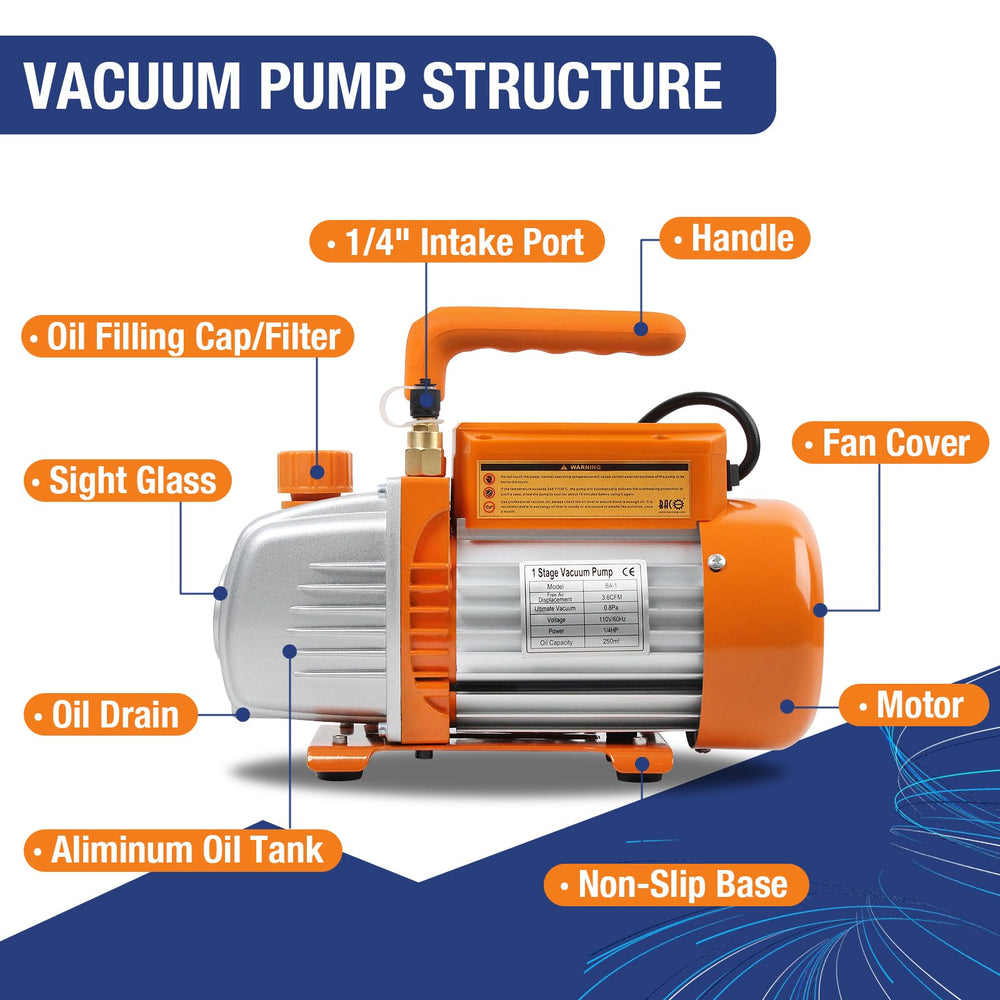 BACOENG pump sight glass and drain valve visible for easy oil monitoring