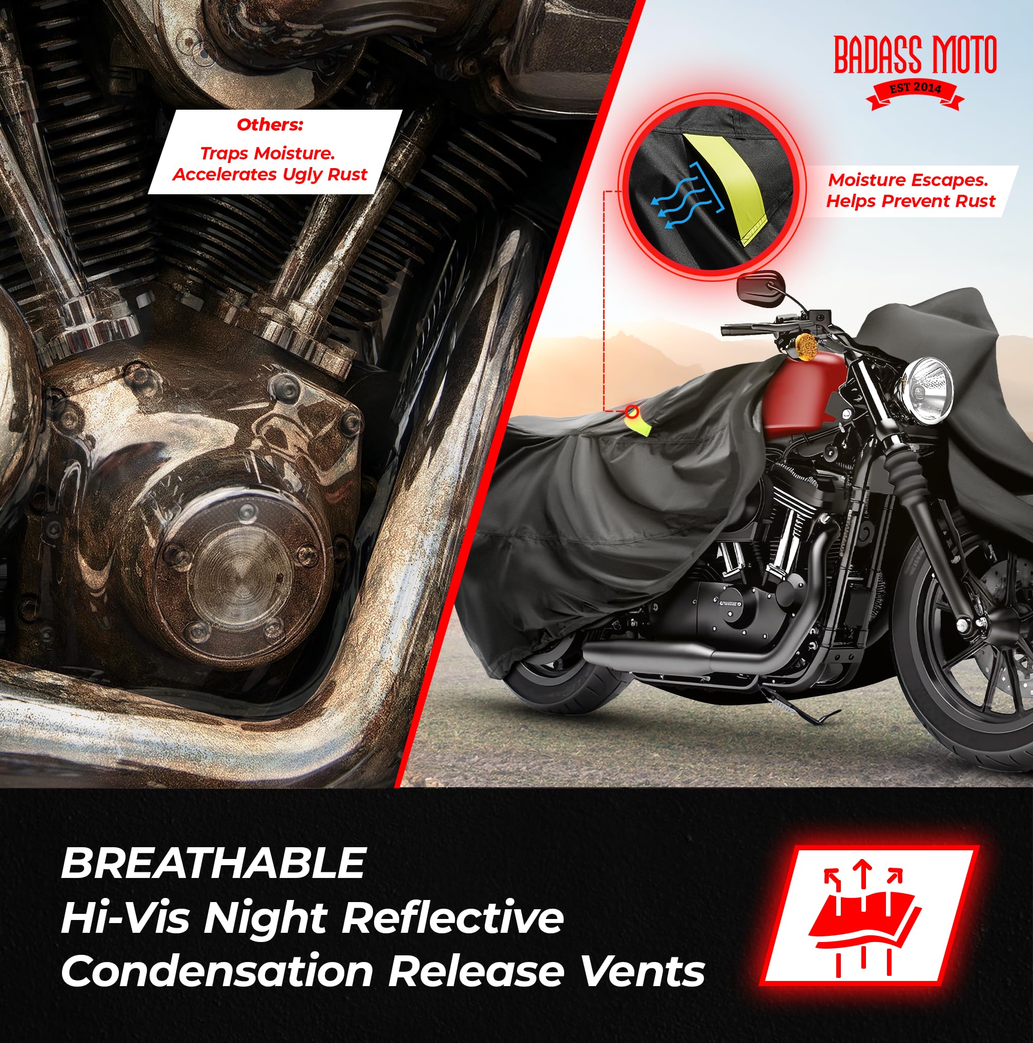 Badass Moto buckle and elastic hem securing fit and preventing wind lift