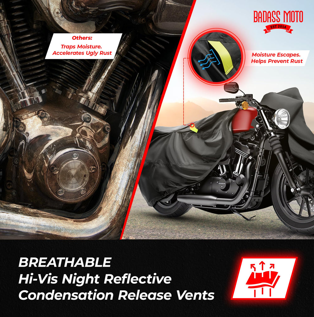 Badass Moto buckle and elastic hem securing fit and preventing wind lift