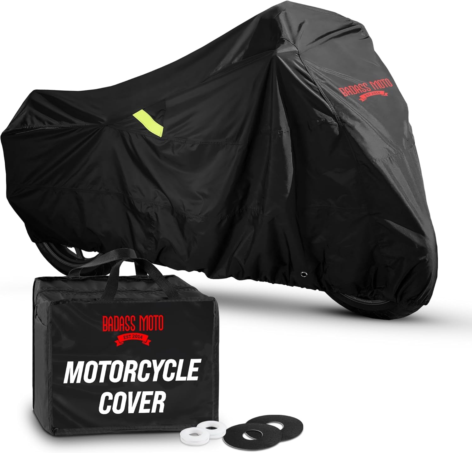 Badass Moto front view showing full-coverage protection and waterproof benefit