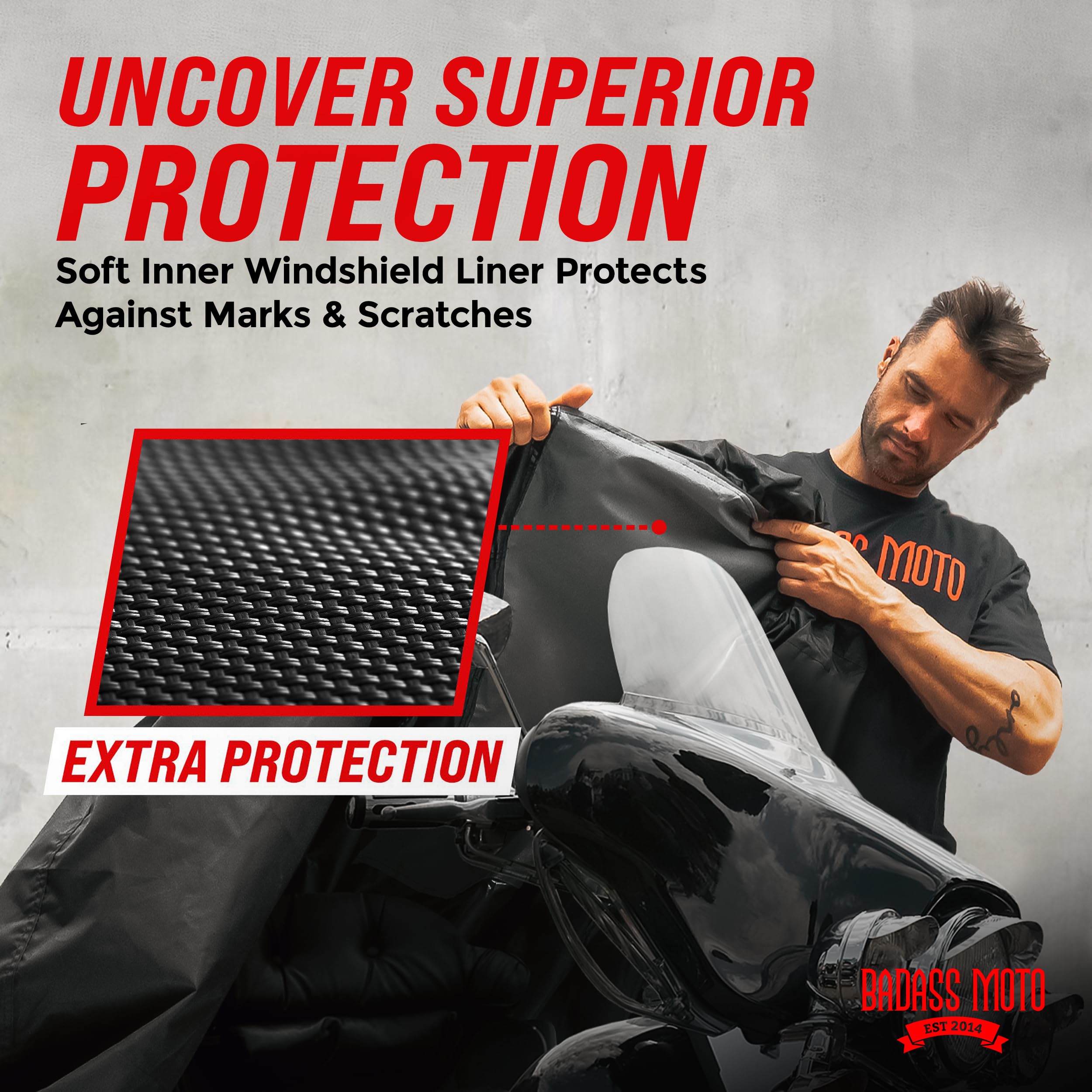 Badass Moto side profile fitting a touring bike for secure weather defense