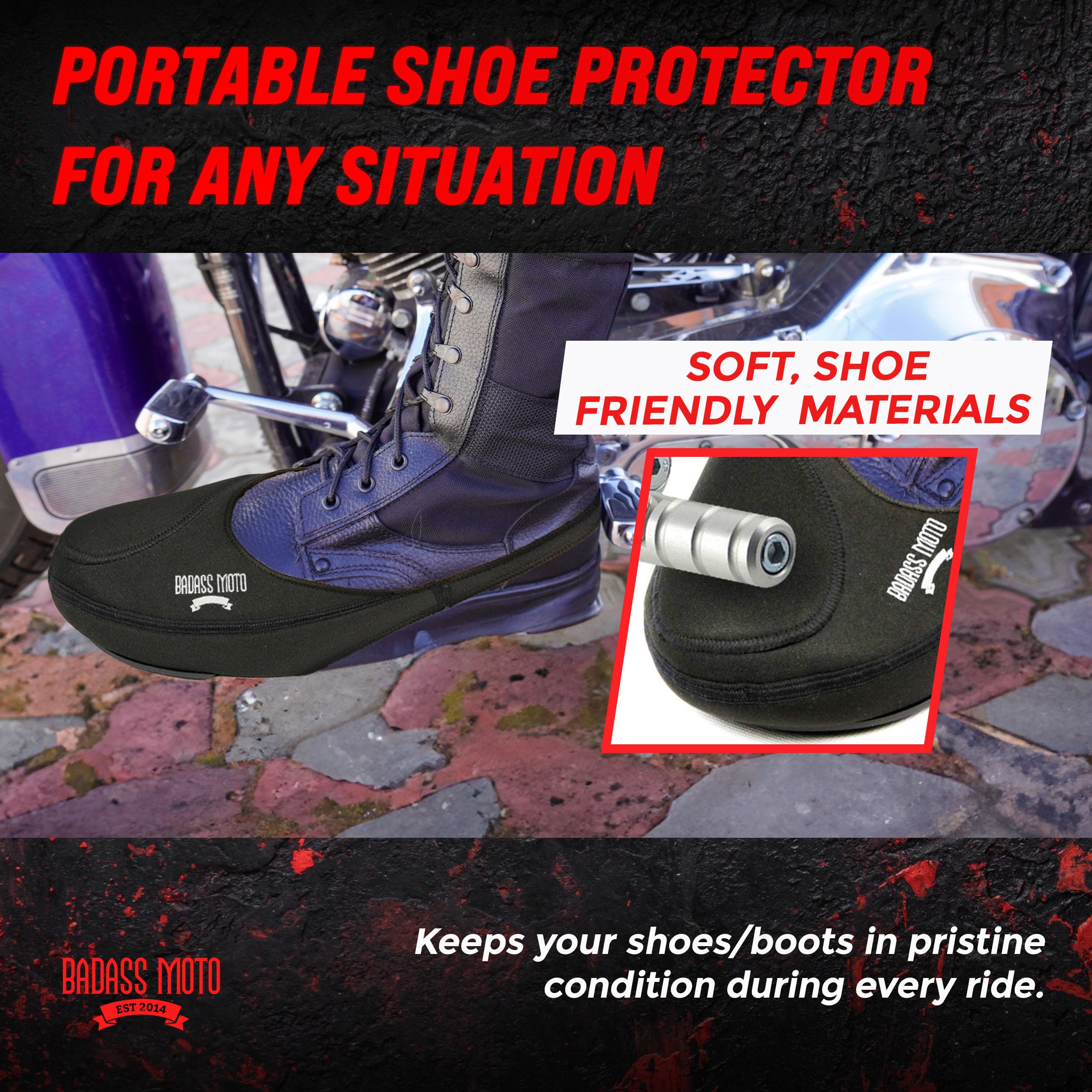 Badass Moto on a dress shoe top view keeping shoes pristine