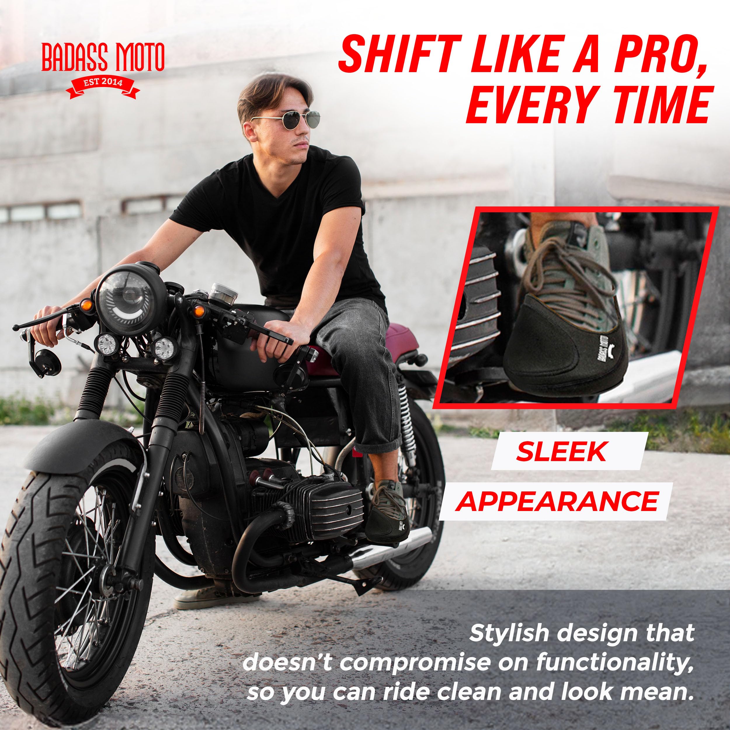 Badass Moto on a sneaker side profile preventing shifter scuffs
