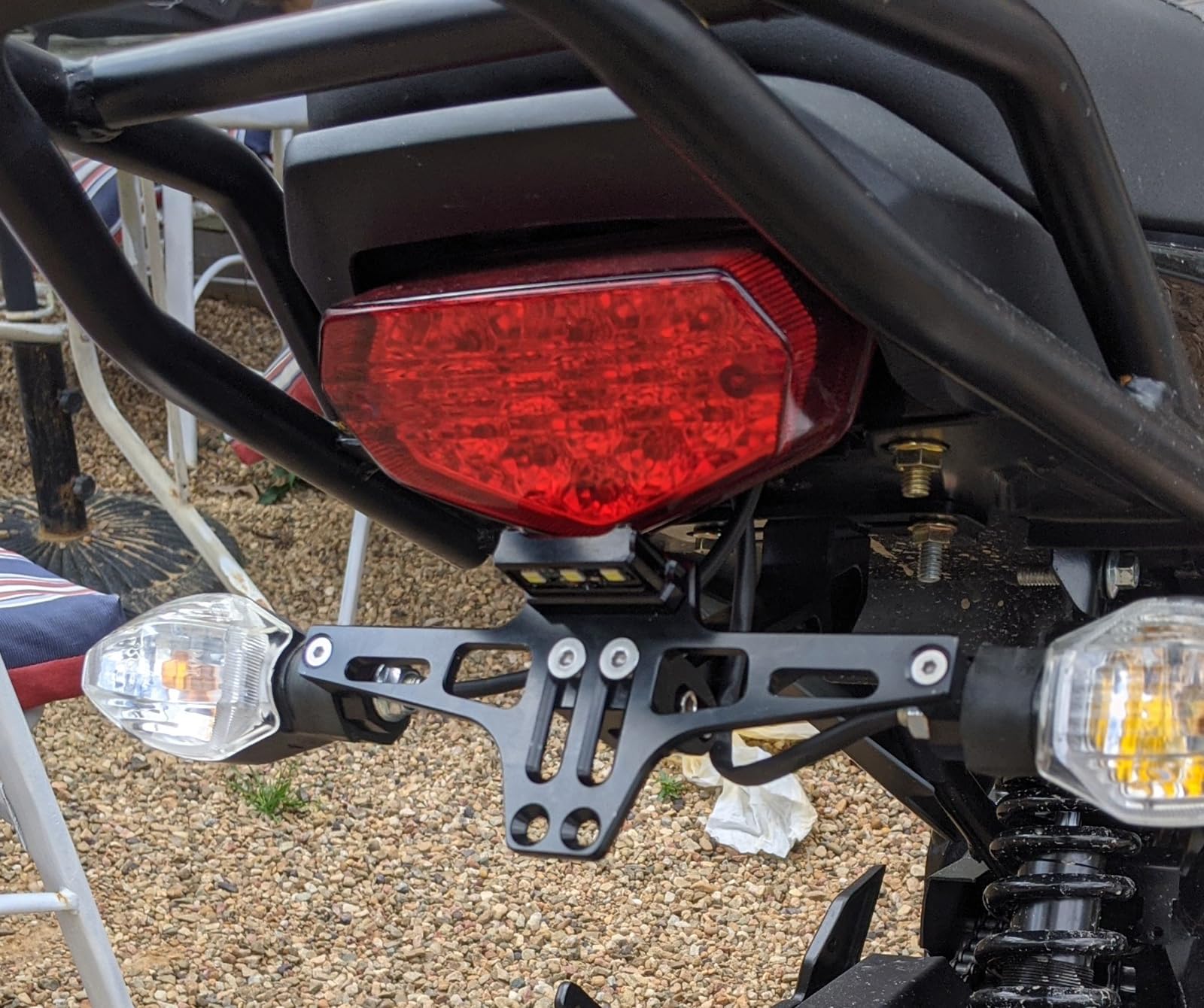 BAIONE rear view on bike showing plate alignment and reduced bulk advantage