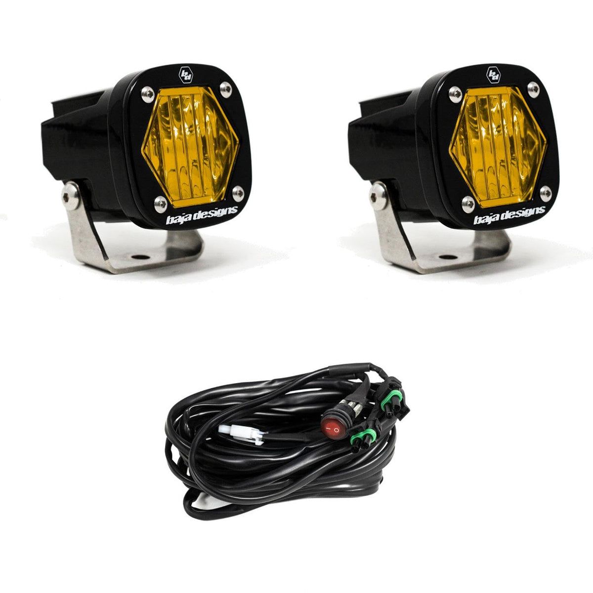 Baja Designs S1 front view showing amber beam and compact housing for improved side visibility