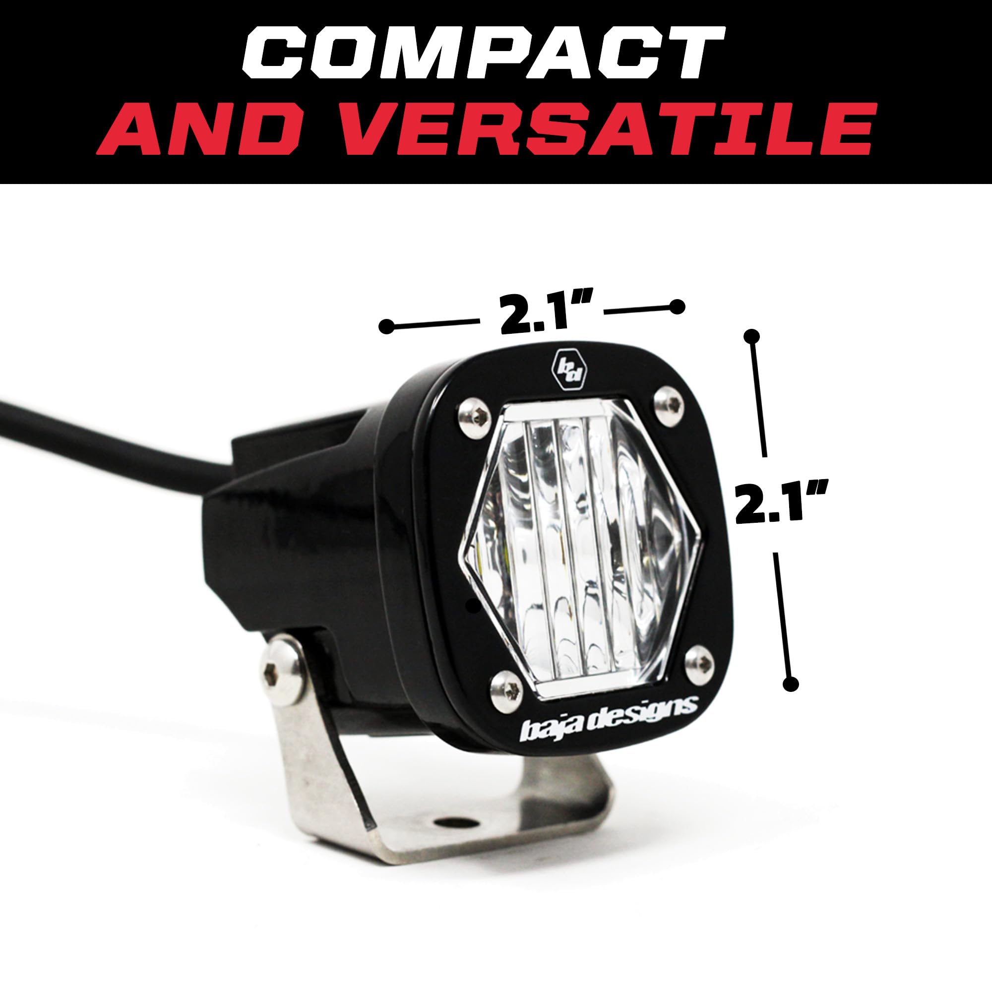 Baja Designs S1 next to a hand for scale showing compact size and easy mounting benefit