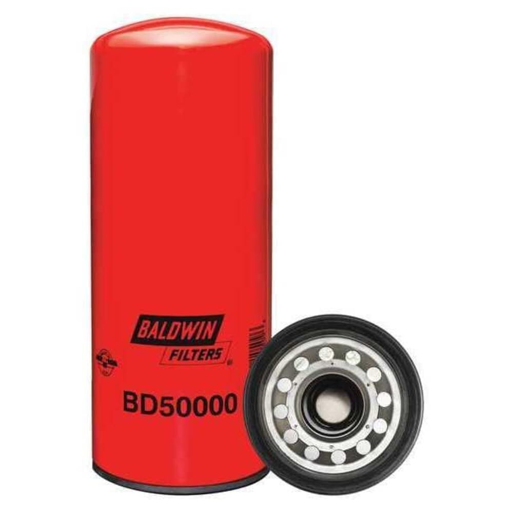Baldwin spin-on oil filter front view showing label and compact size benefit