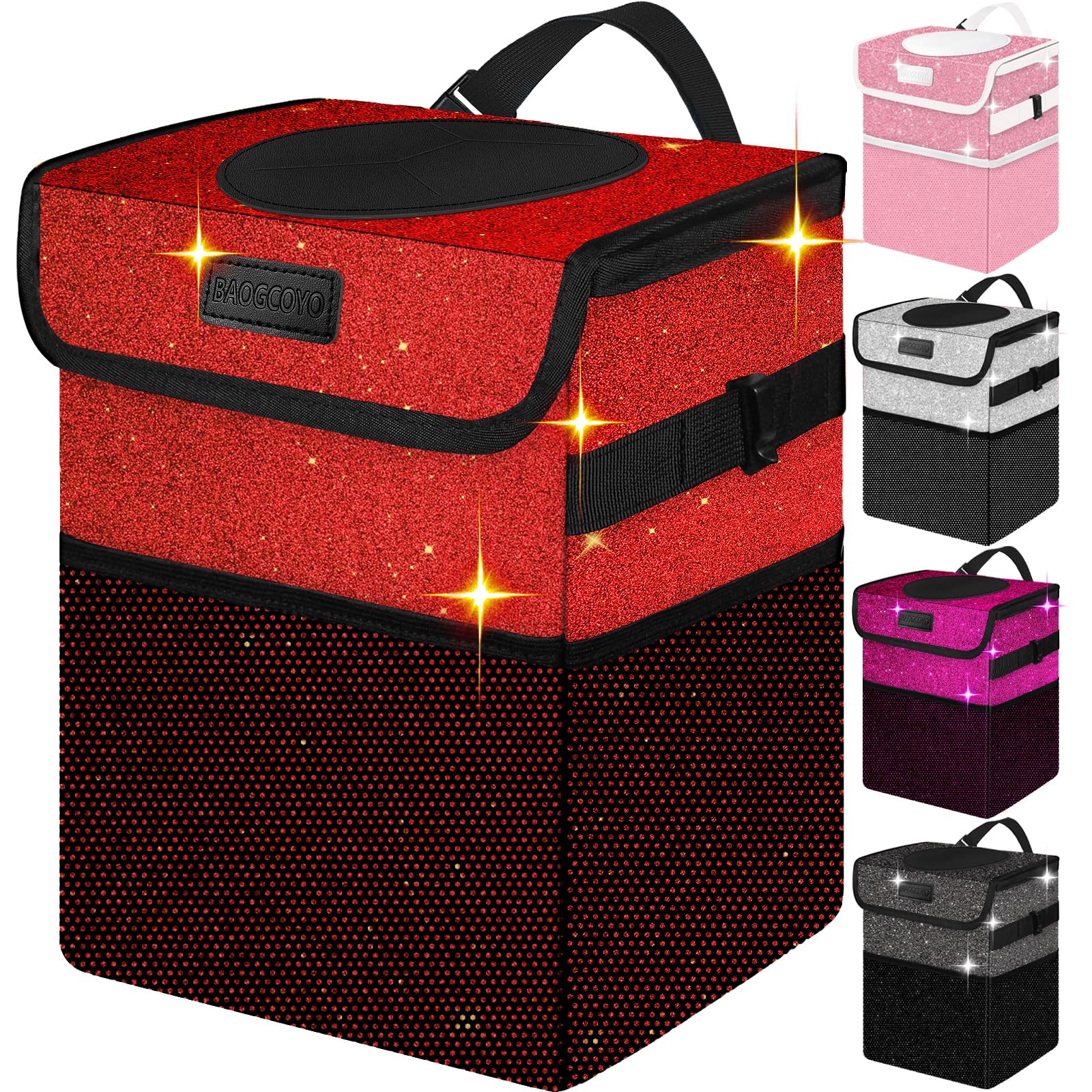 BAOGCOYO front view red glitter bin showing compact tidy design