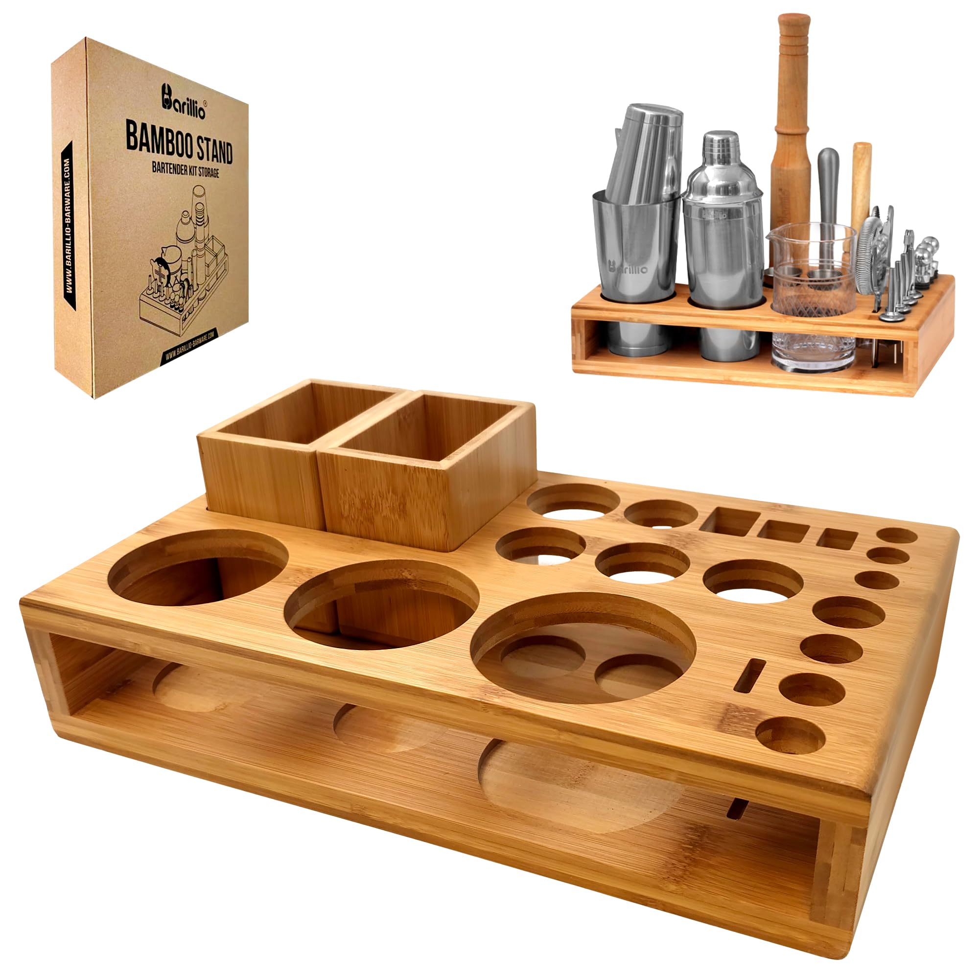 Barillio bamboo stand front view showing neat tool organization and stylish storage