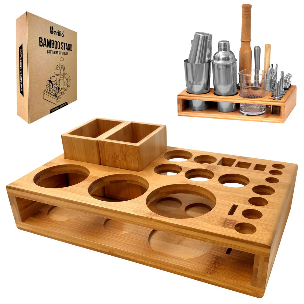 Barillio bamboo stand front view showing neat tool organization and stylish storage
