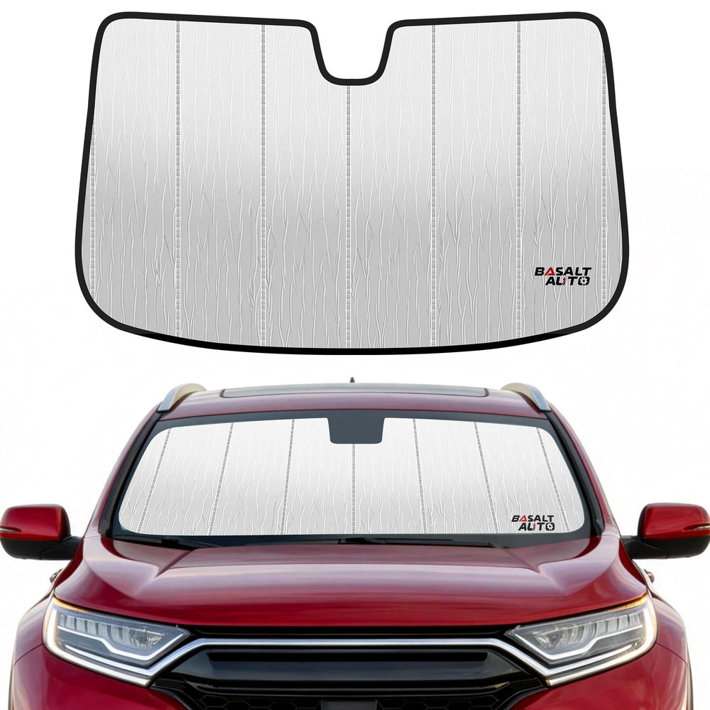 BasaltAuto front view of sun shade installed showing full windshield coverage and cooling benefit