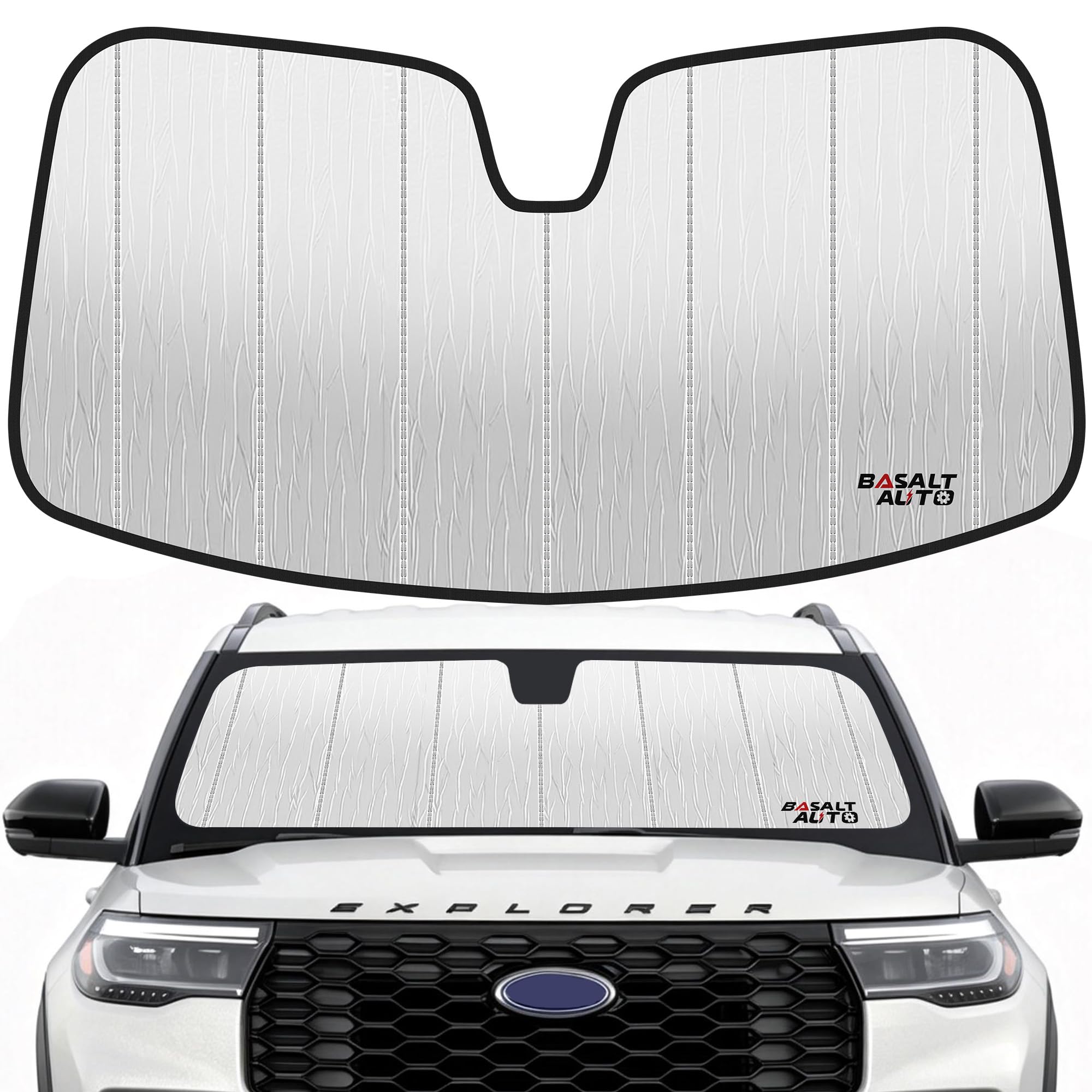 BasaltAuto front view of sun shade showing precise Explorer fit and full coverage