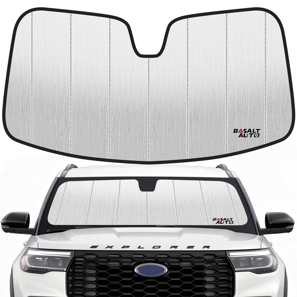 BasaltAuto front view of sun shade showing precise Explorer fit and full coverage