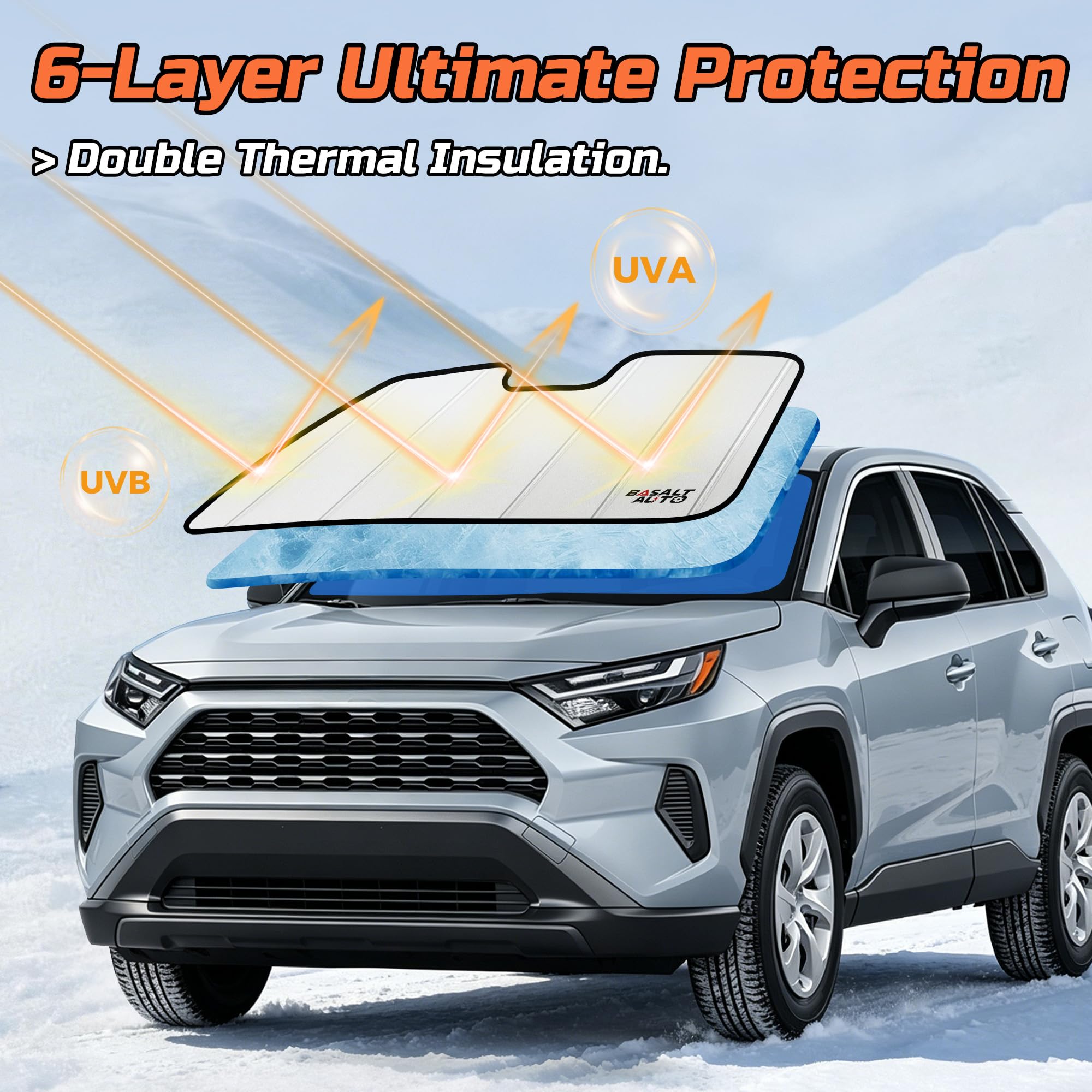 BasaltAuto folded shade secured with strap for compact storage convenience