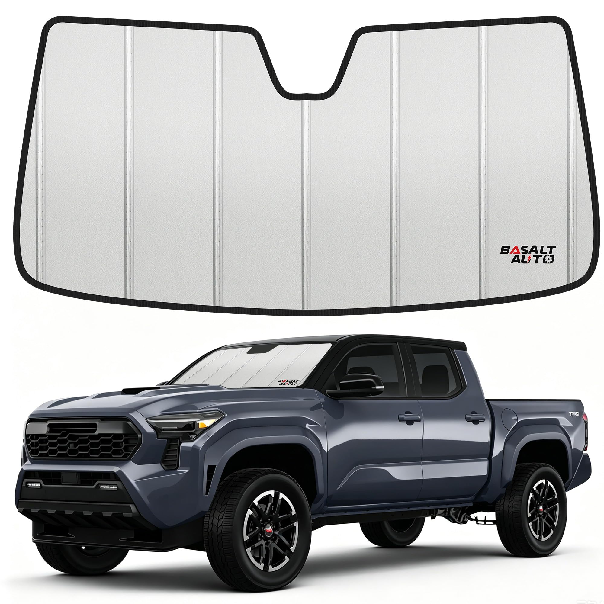 BasaltAuto front view of custom-fit shade on windshield showing full coverage