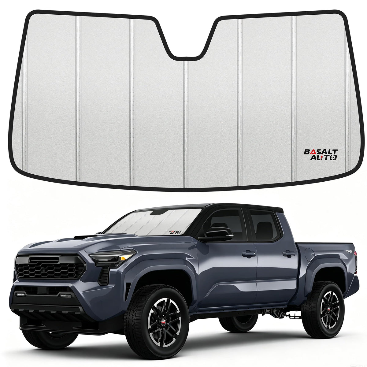 BasaltAuto front view of custom-fit shade on windshield showing full coverage