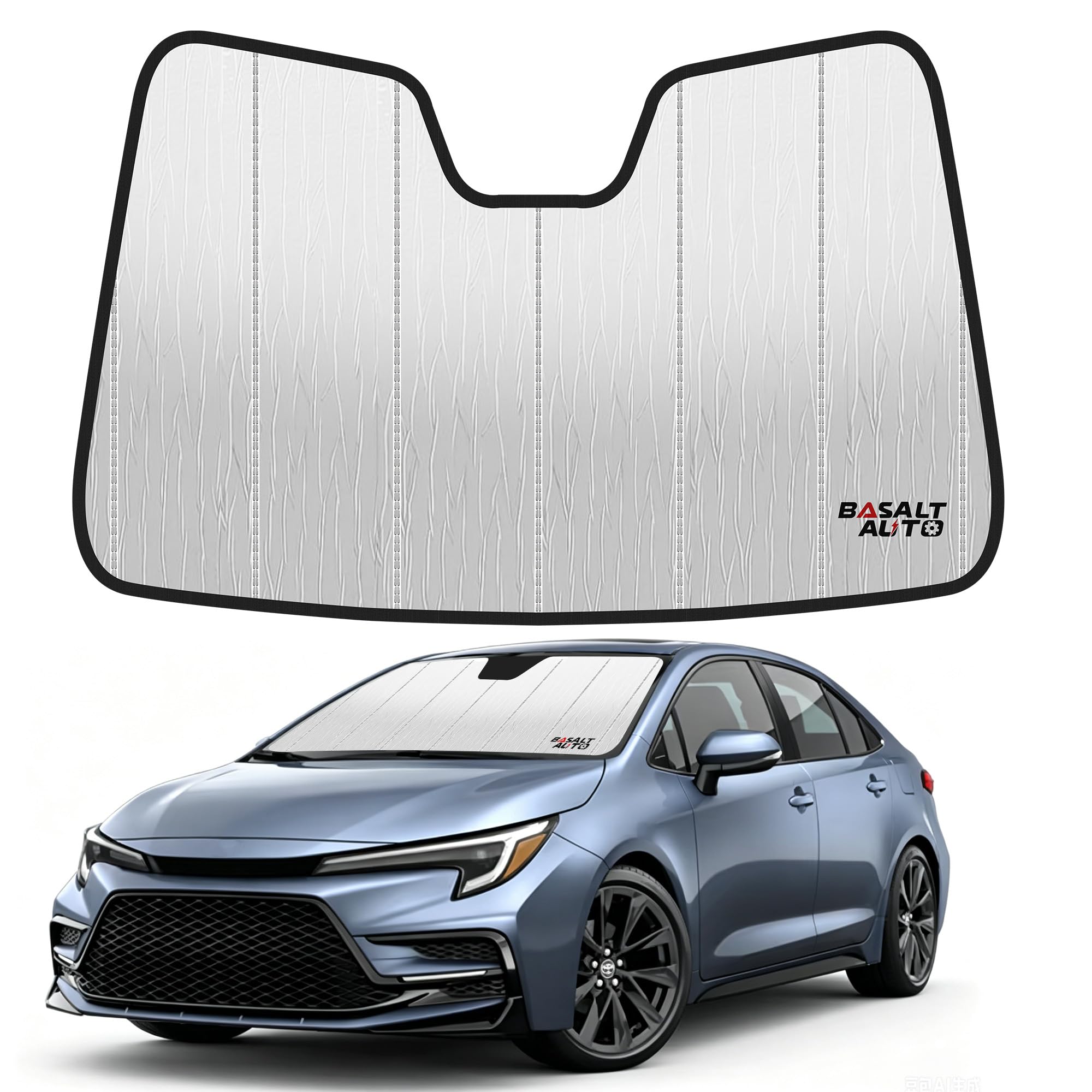 BasaltAuto front view of folded sun shade showing tidy packaging and strap benefit of easy storage
