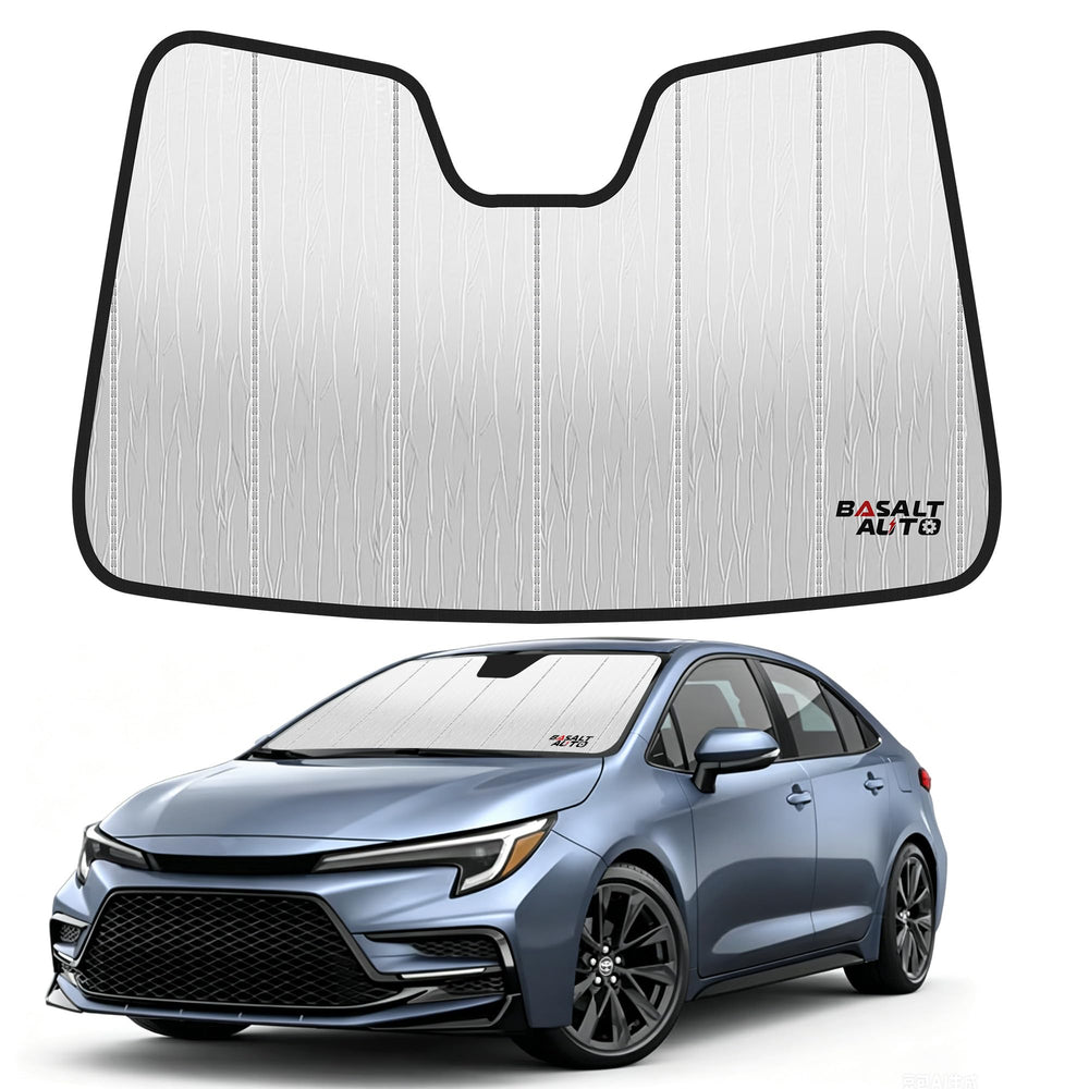 BasaltAuto front view of folded sun shade showing tidy packaging and strap benefit of easy storage