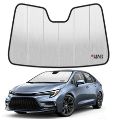 BasaltAuto front view of folded sun shade showing tidy packaging and strap benefit of easy storage