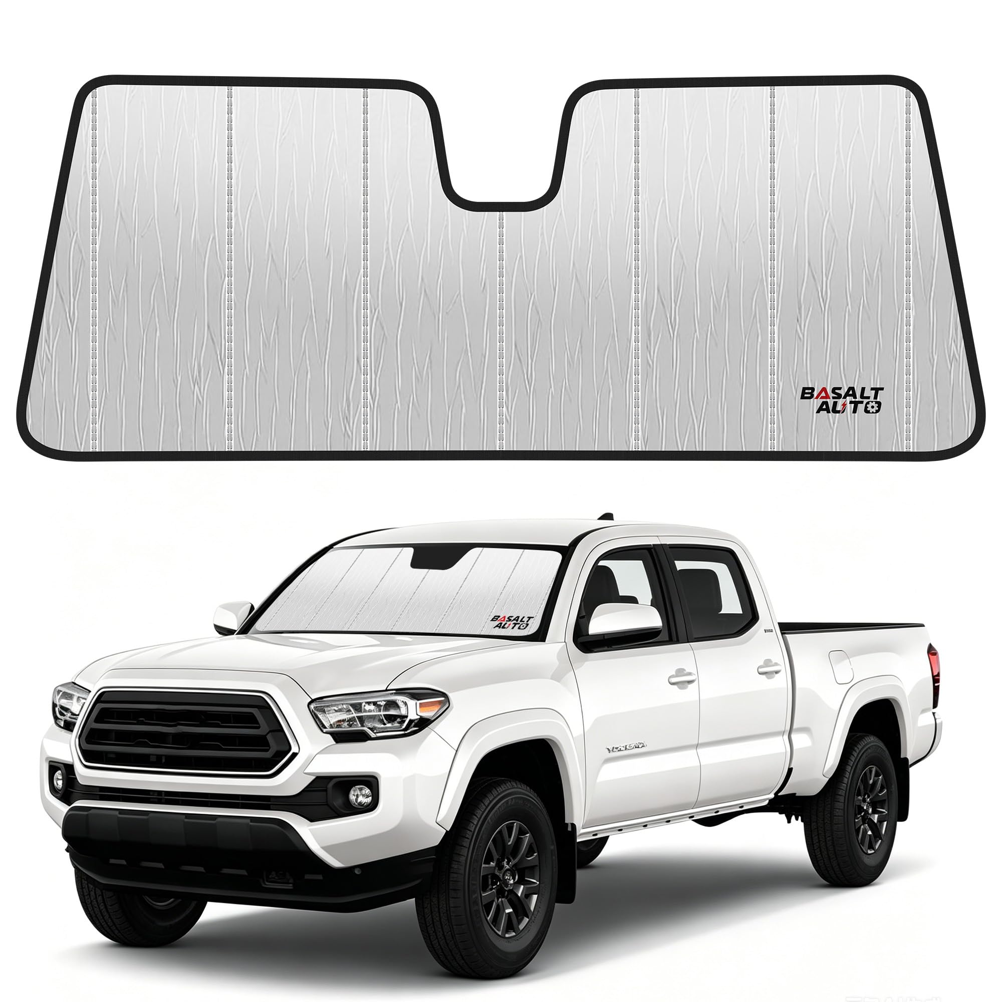 BasaltAuto front view showing custom-fit windshield coverage and instant heat protection