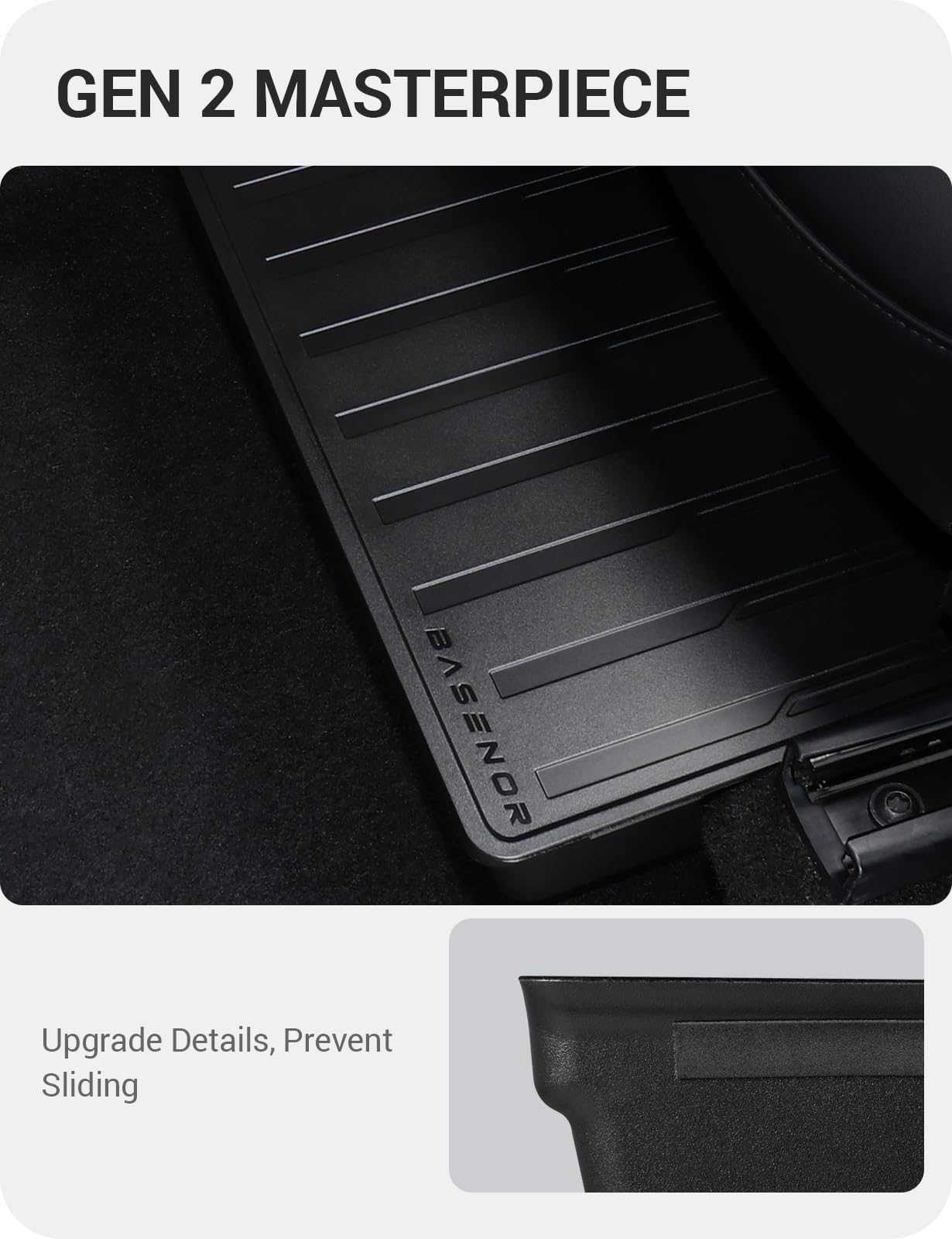 BASENOR box installed under Model Y driver seat keeping floor tidy