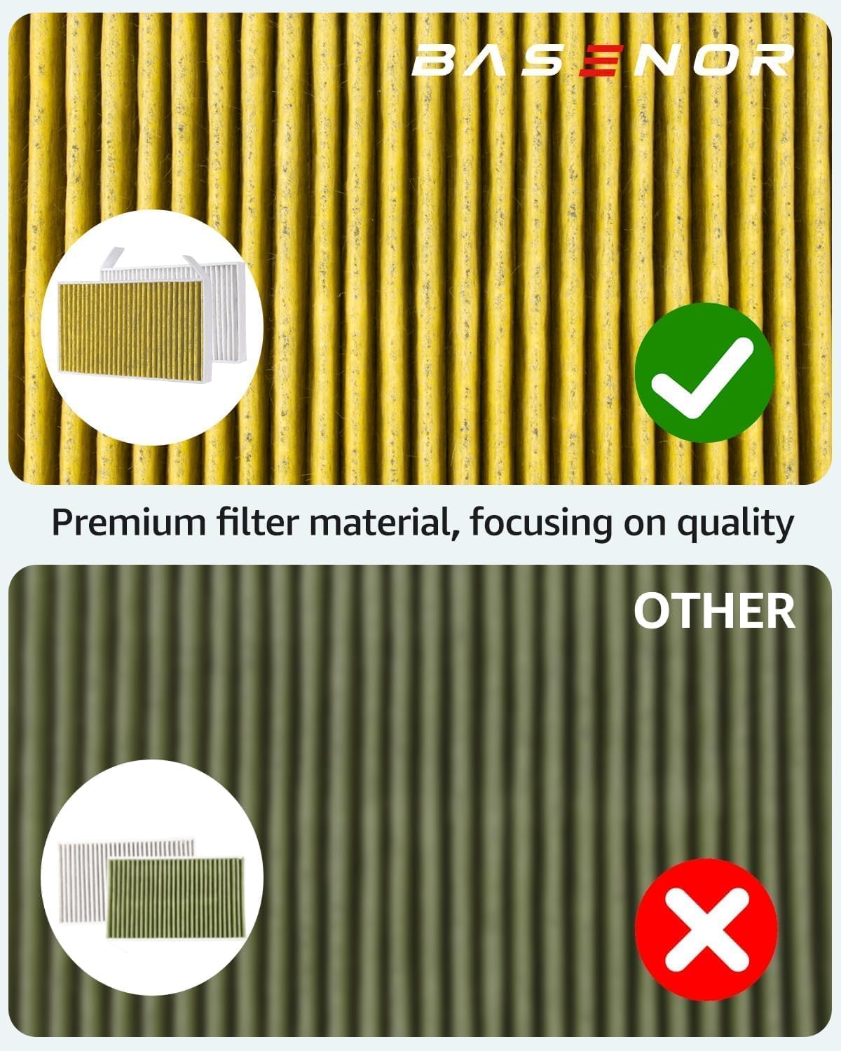 BASENOR filter installed in a Tesla Model 3 showing leak-free seal and fresher cabin benefit