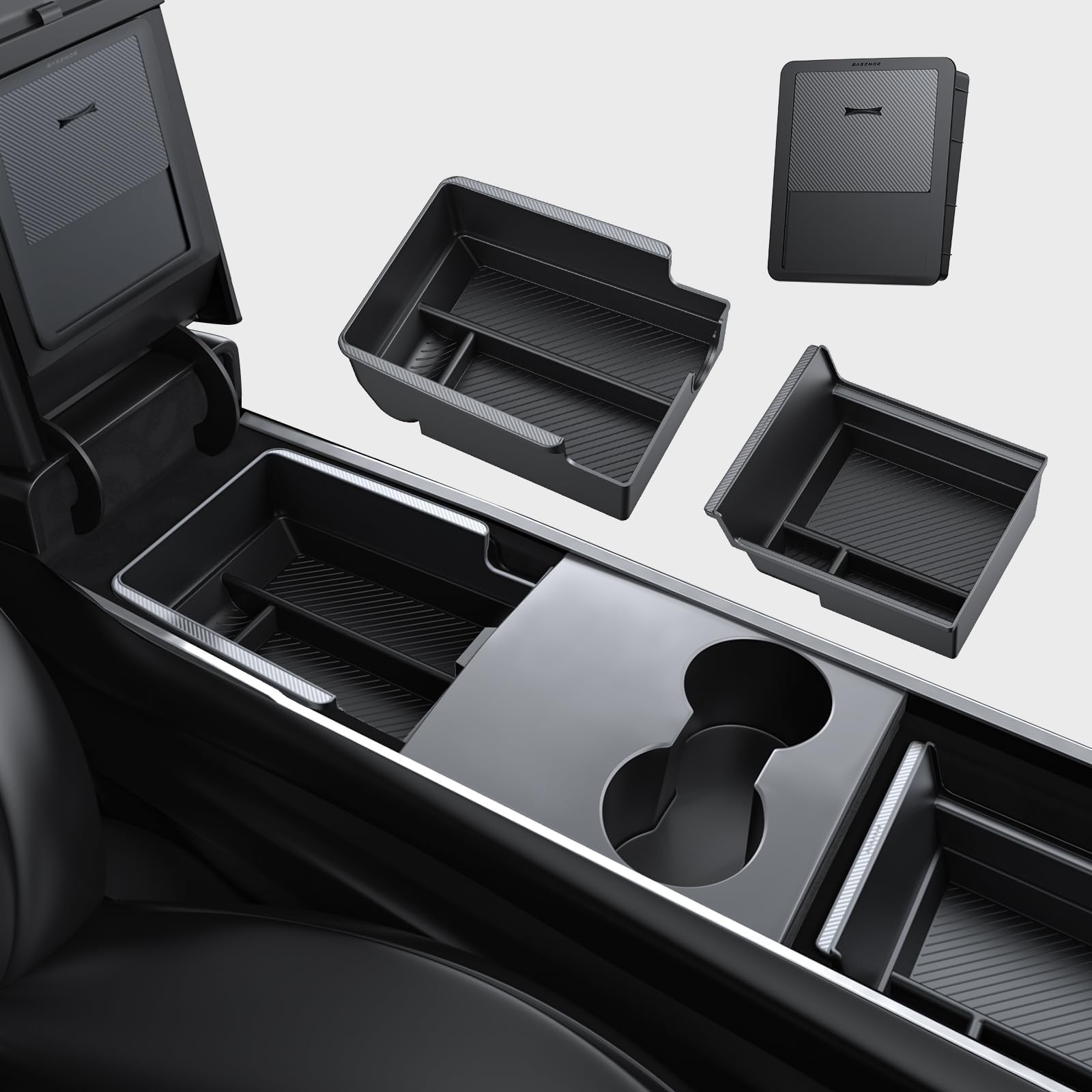 BASENOR front view of full organizer kit showing neat console storage benefit