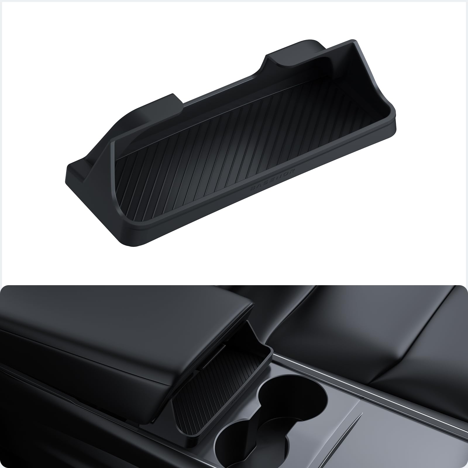 BASENOR front view installed in Tesla console showing tidy sunglasses storage