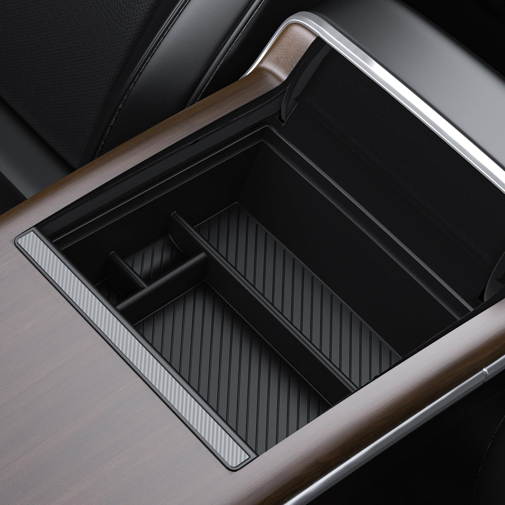 BASENOR front view installed in Tesla console shows neat organized storage
