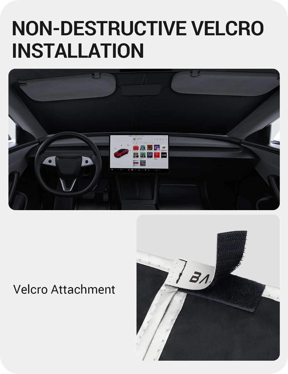 BASENOR lifestyle image parked Tesla with shade protecting interior heat
