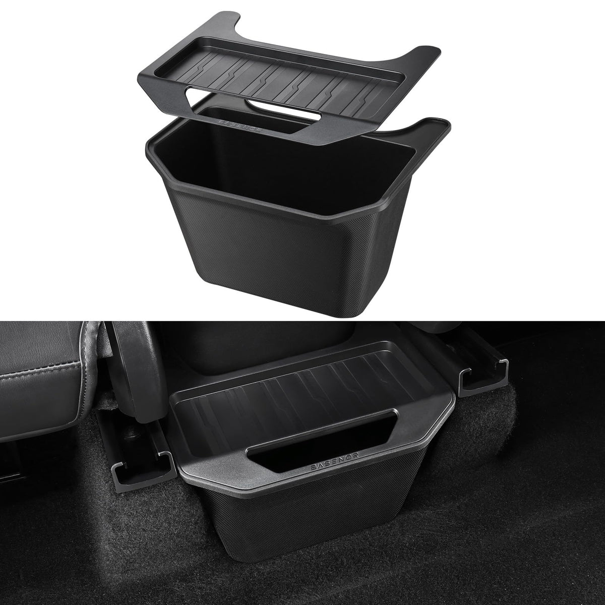 BASENOR front view of Model Y rear organizer showing compact tidy storage benefit