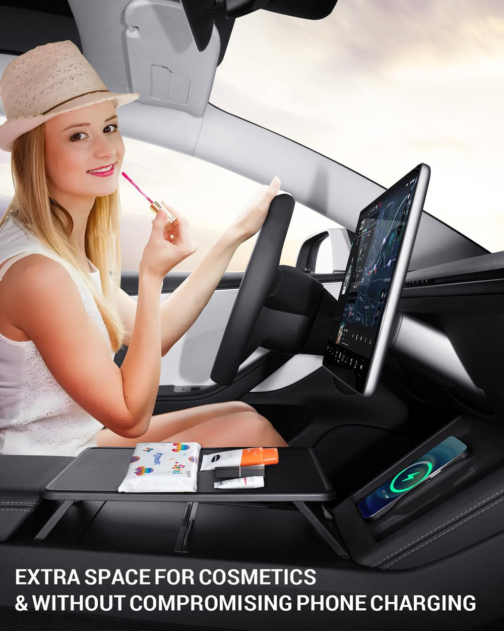 BASENOR tray over console with wireless charging access kept available