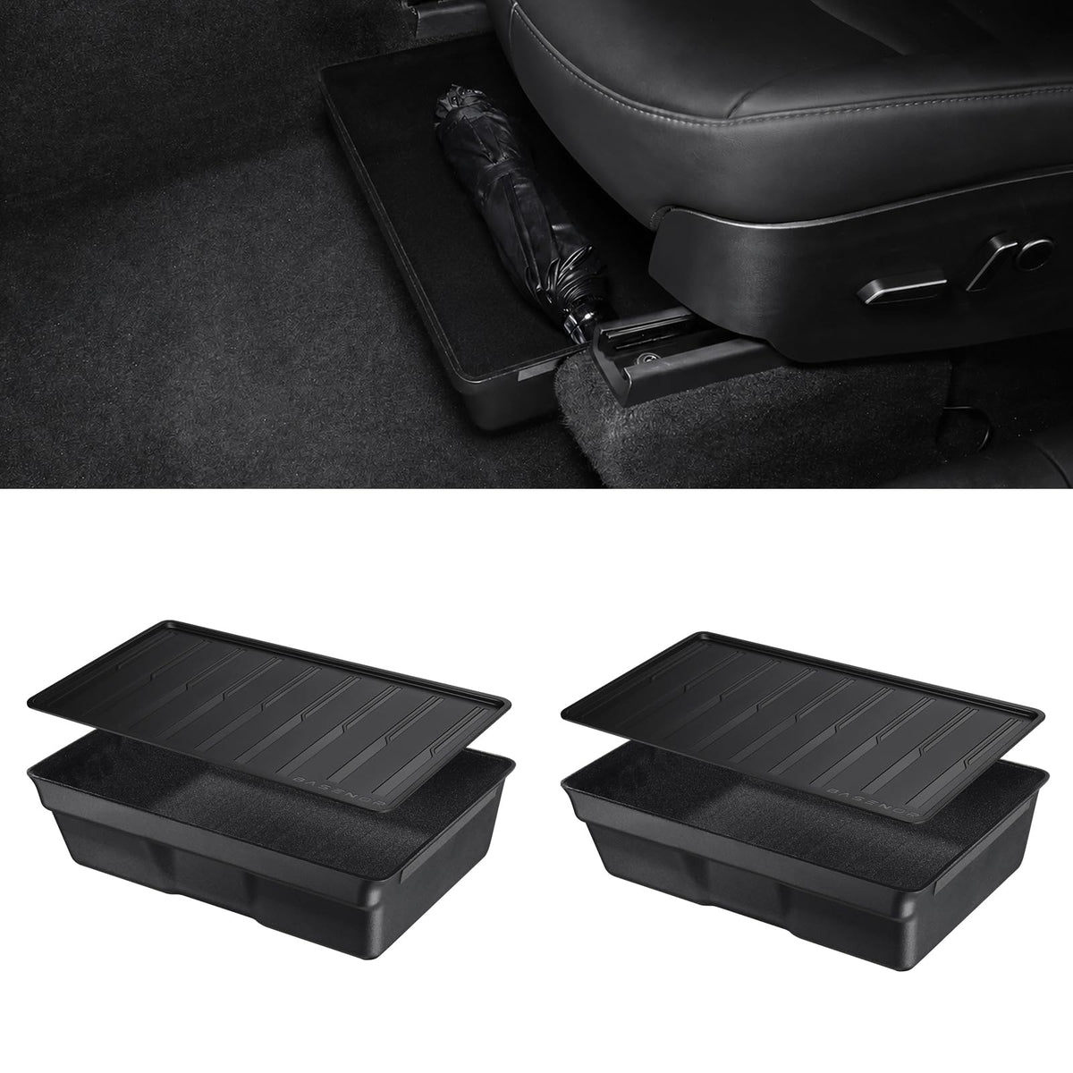 BASENOR under-seat box front packaging showing custom-fit benefit