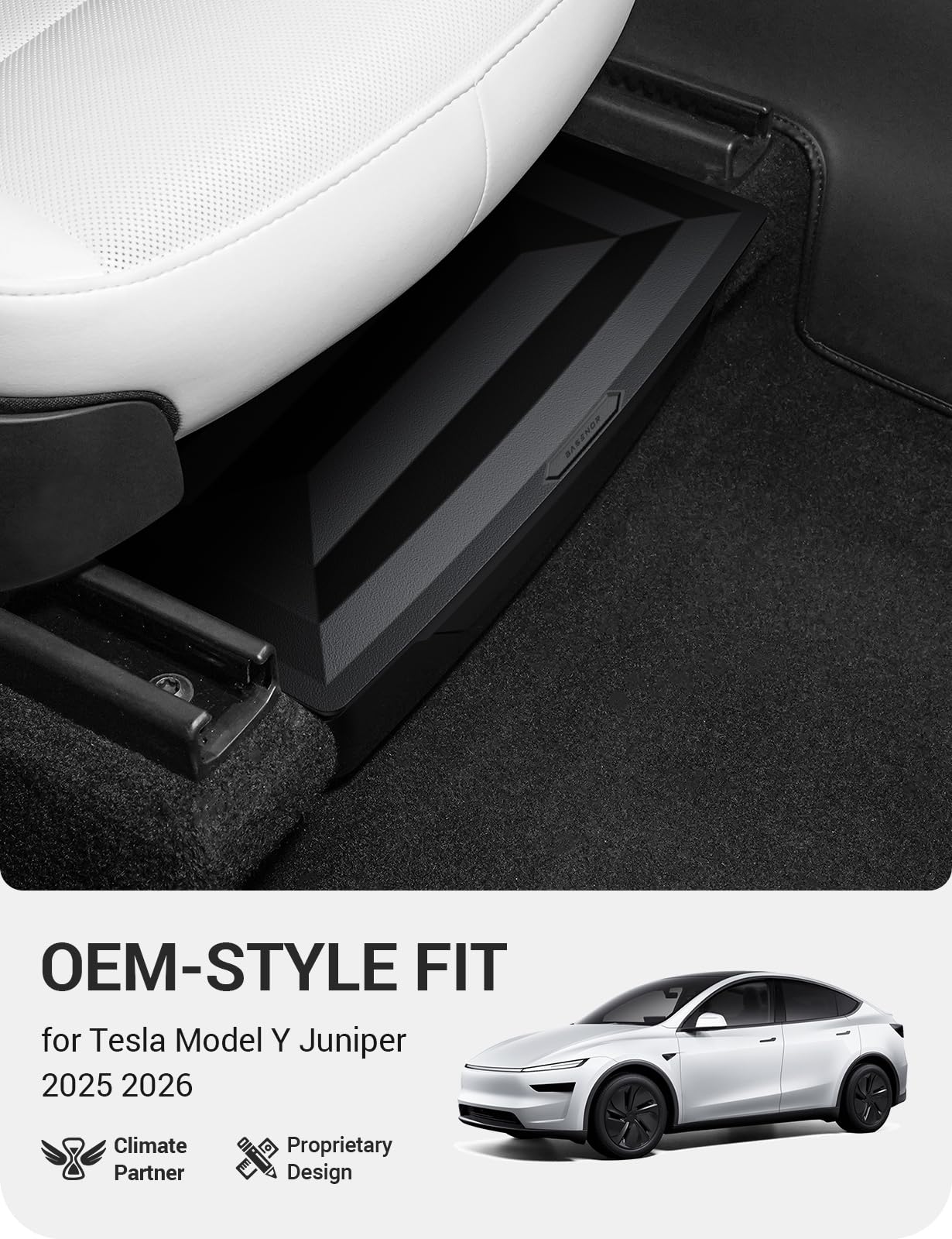 BASENOR installed under rear seat of Model Y Juniper keeping items hidden and tidy