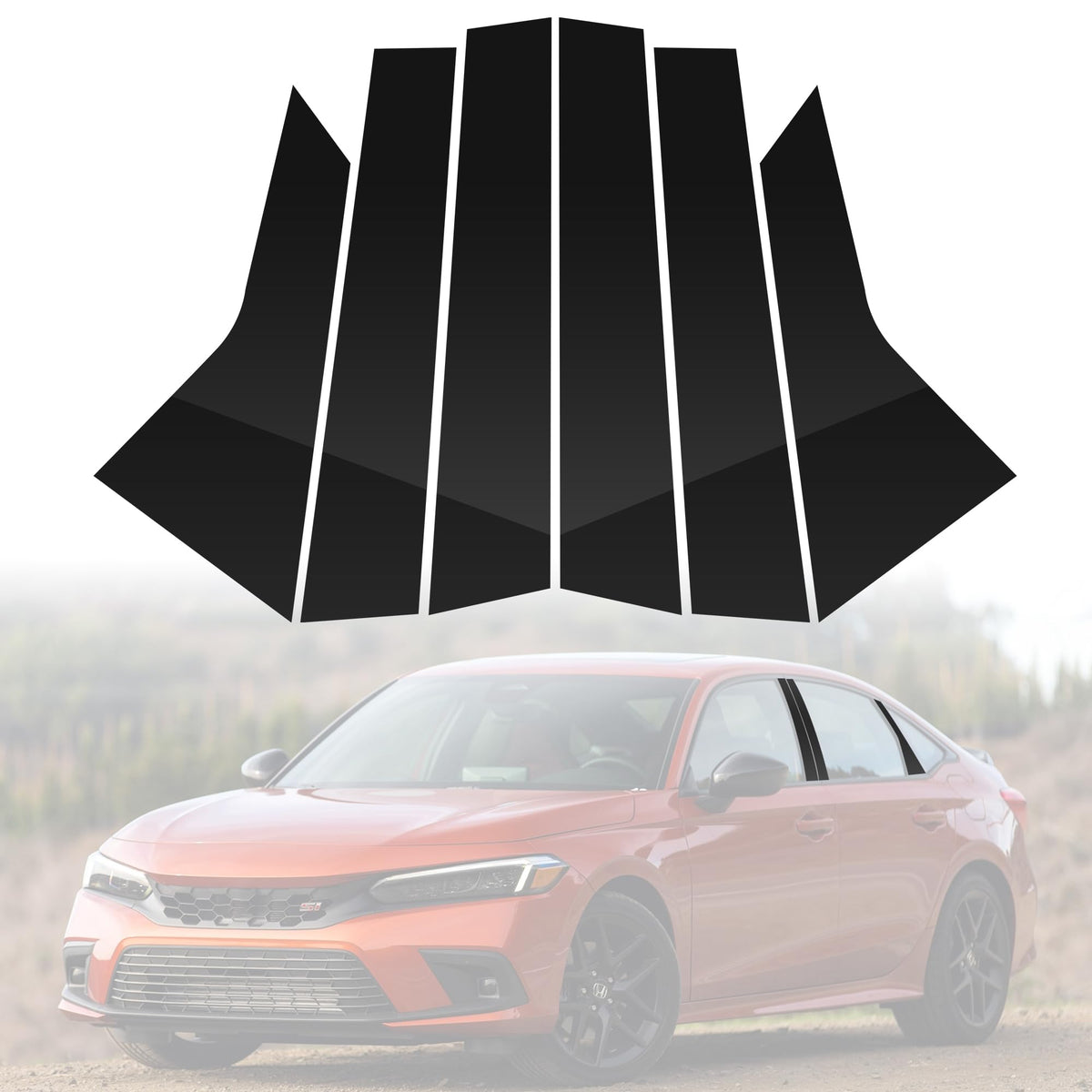 BASIKER front view of six-piece pillar trim showing packaged set and fitment benefit