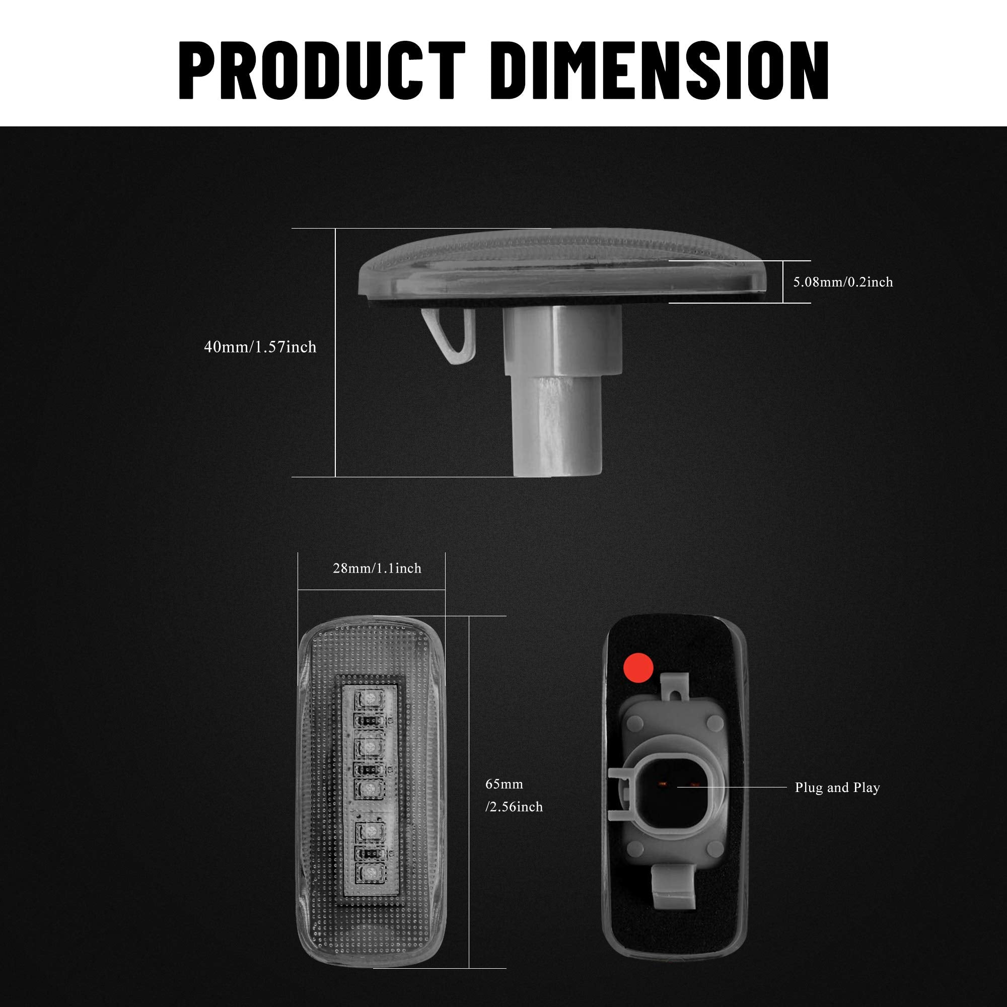 BASIKER side marker next to ruler showing compact dimensions and easy OEM-fit