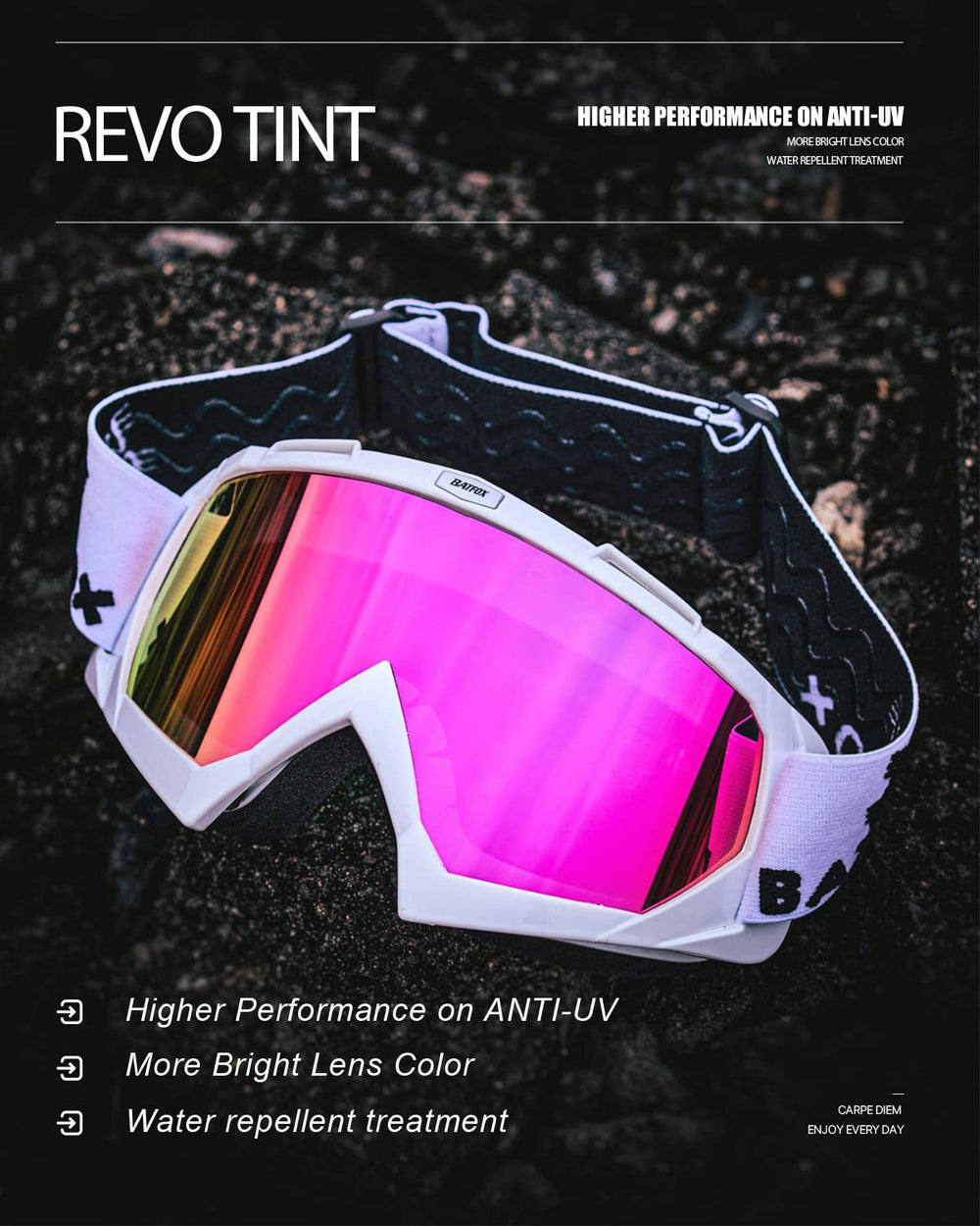 BATFOX lens close-up highlighting impact-resistant PC lens clarity