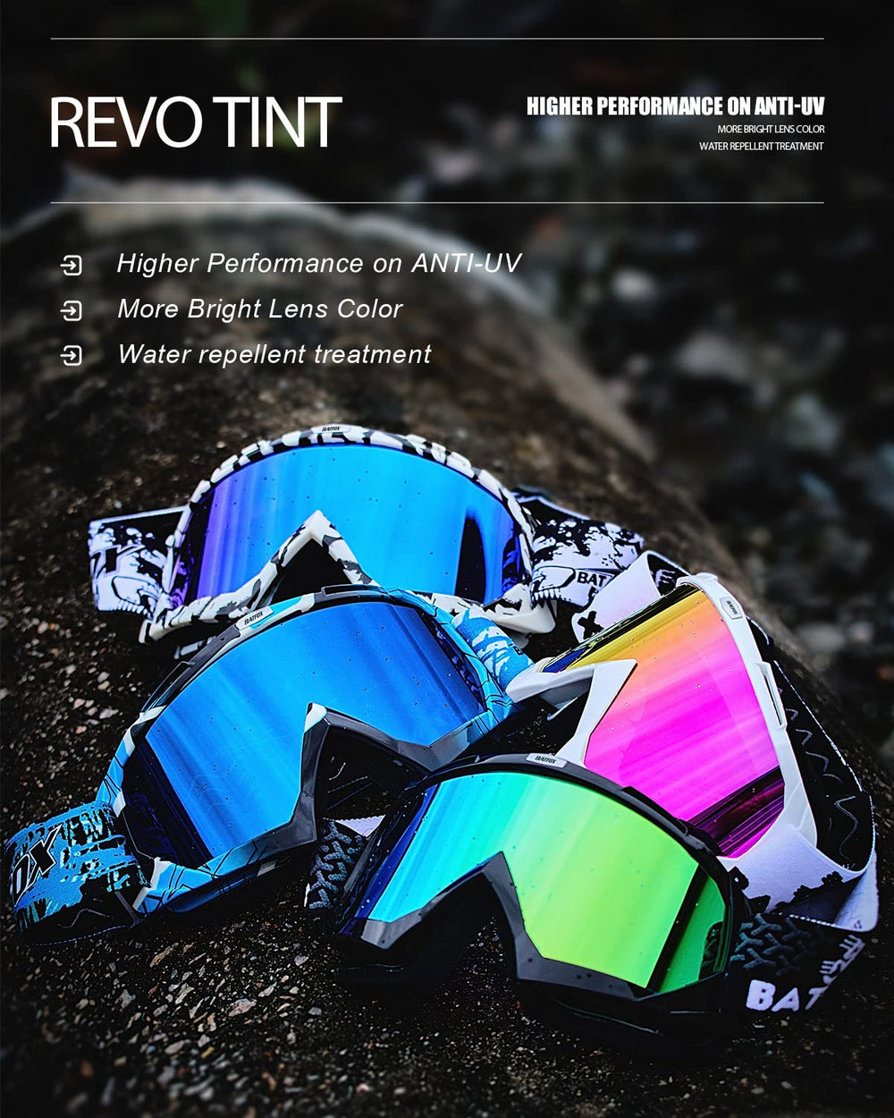 BATFOX REVO multi-color lens reducing glare in bright sunlight