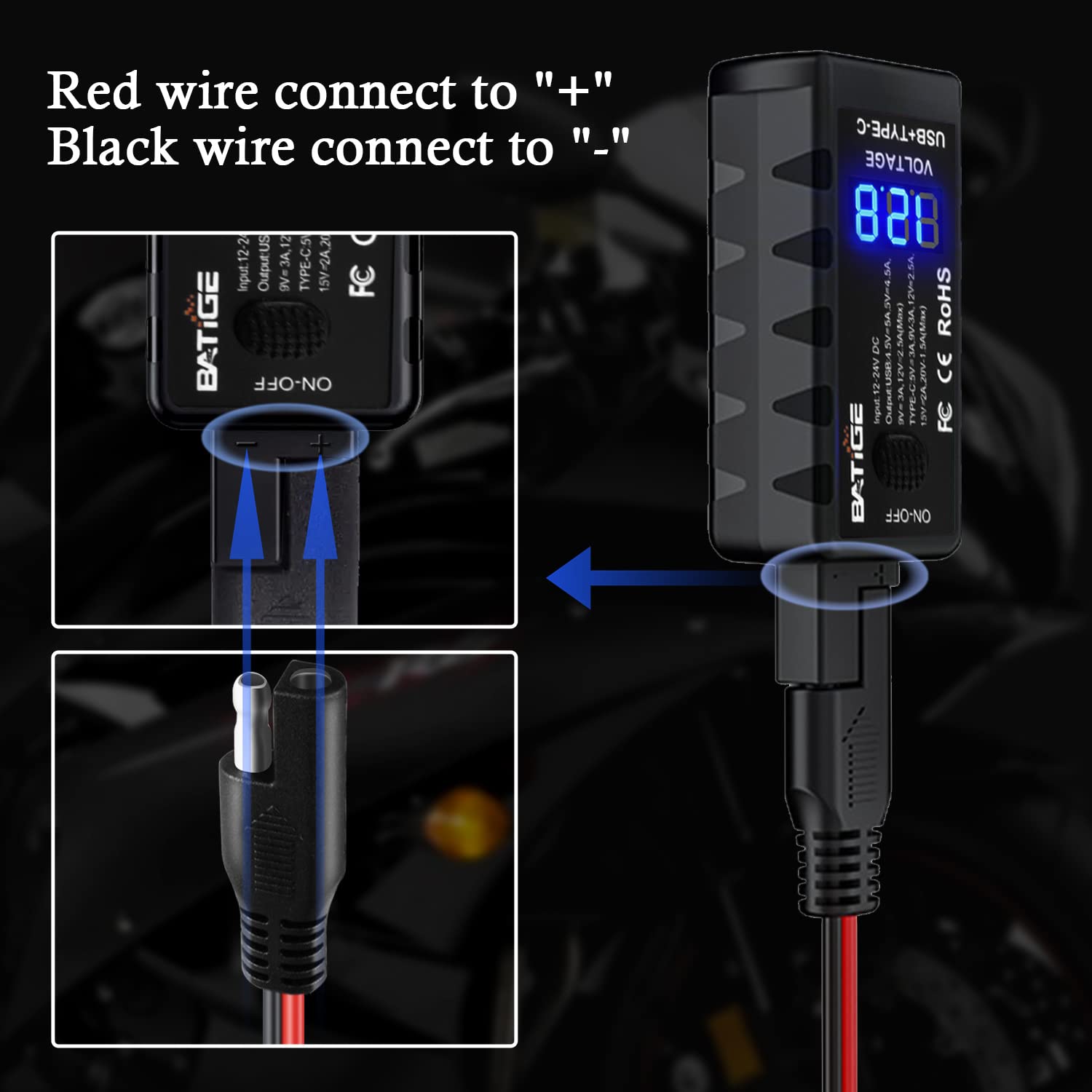 BATIGE LED voltmeter display visible, offering real-time battery voltage feedback