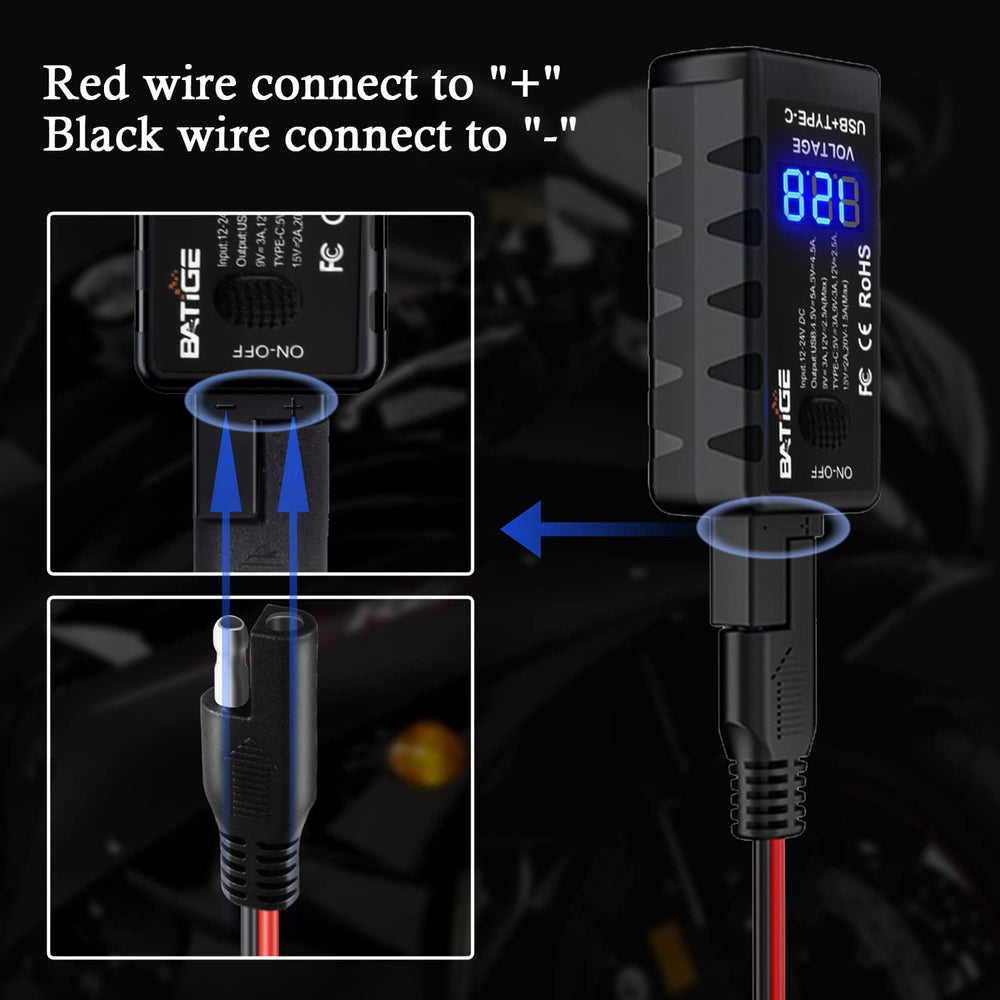 BATIGE LED voltmeter display visible, offering real-time battery voltage feedback