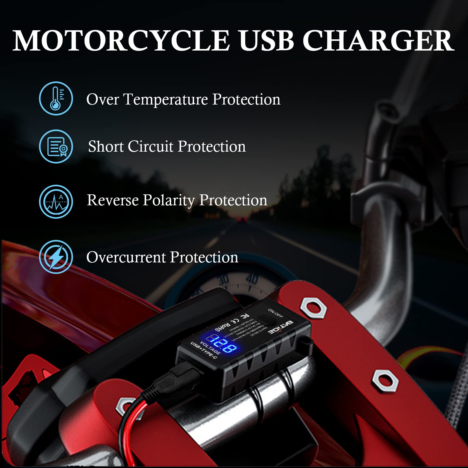 BATIGE mounted on motorcycle handlebar, providing convenient power access while riding