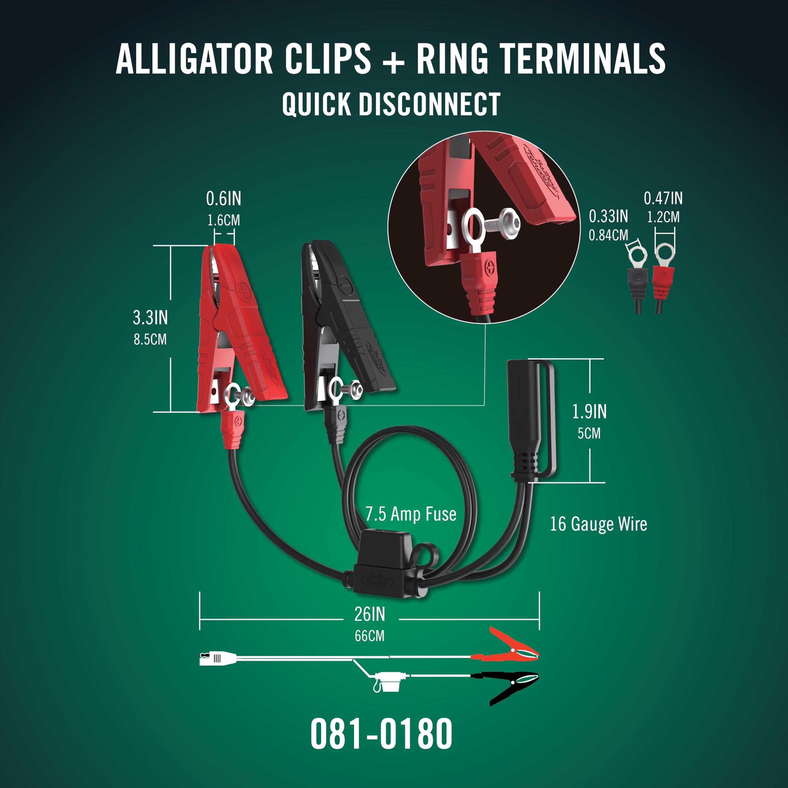 Battery Tender close-up of alligator clip jaws demonstrating secure clamp benefit