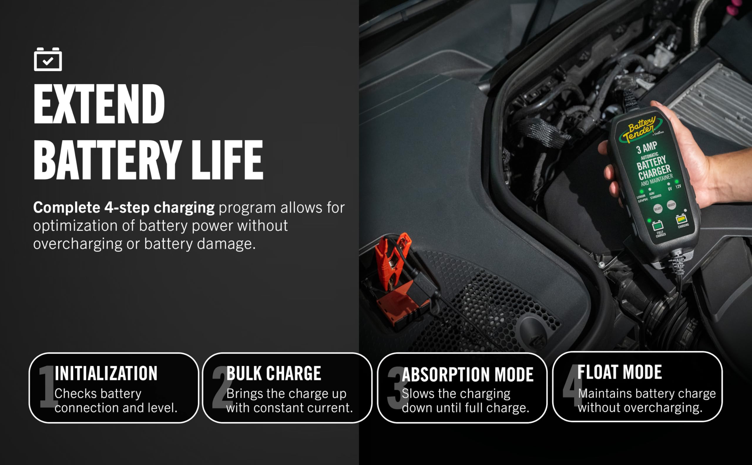 Battery Tender connected to a car battery while charging, brand and reliable charging benefit