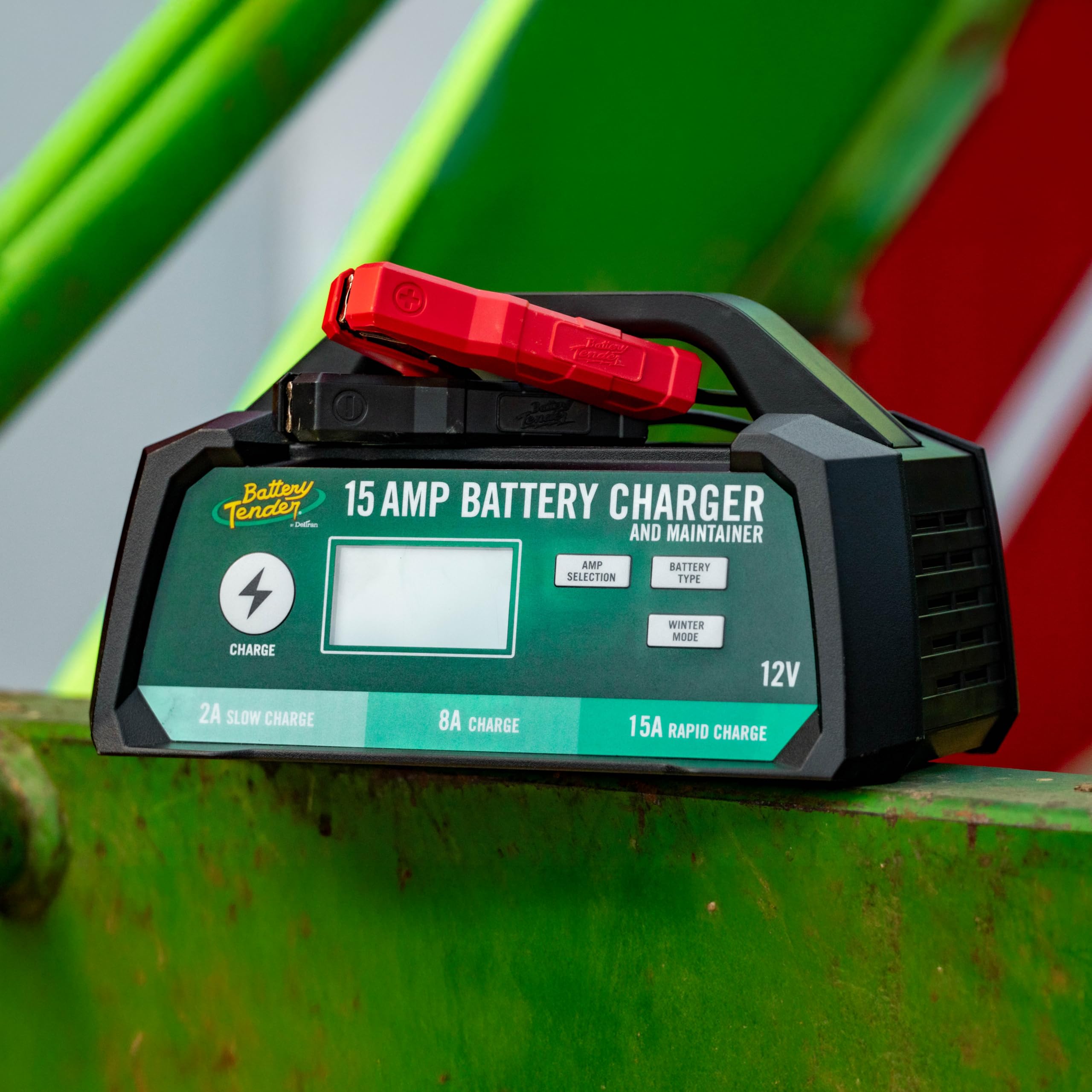 Battery Tender stored on shelf showing space-saving convenience