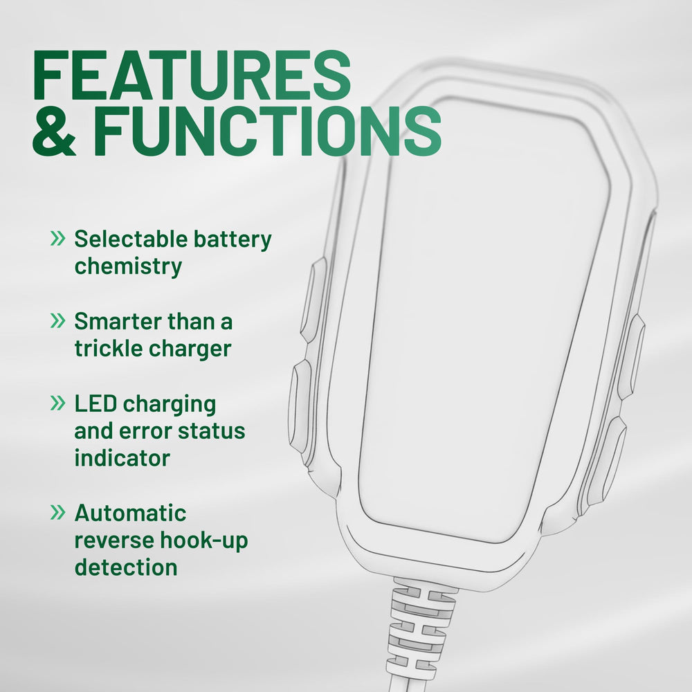 Battery Tender connected to motorcycle battery providing safe maintenance charging