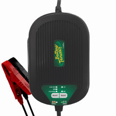 Battery Tender front view mounted showing compact housing and secure mount benefit
