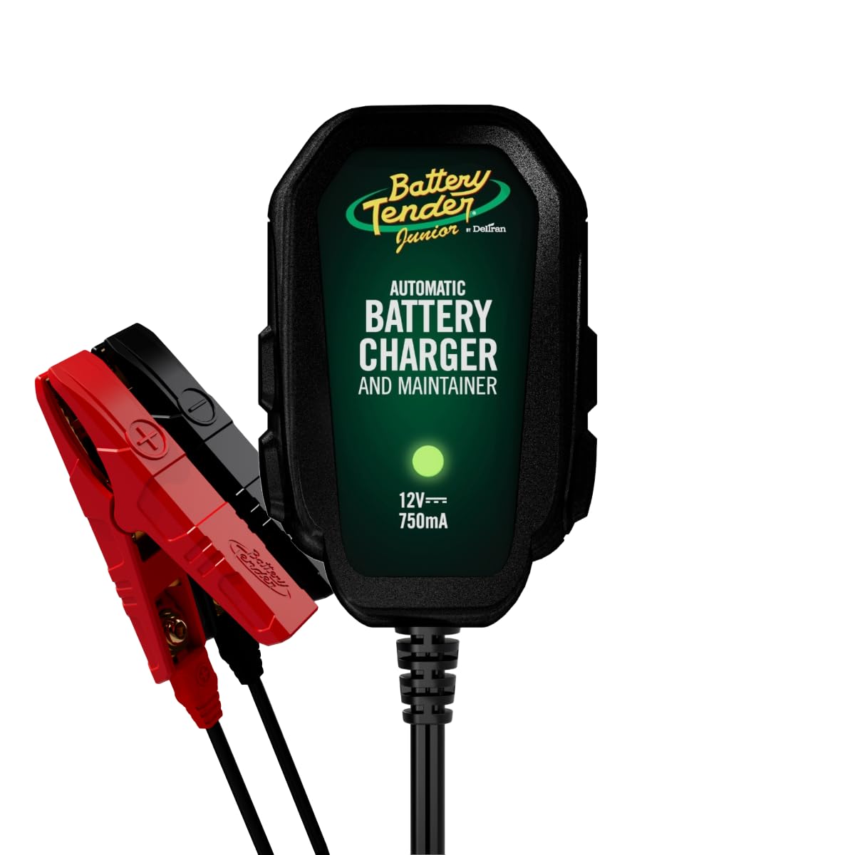 Battery Tender front view showing compact charger and clear benefits