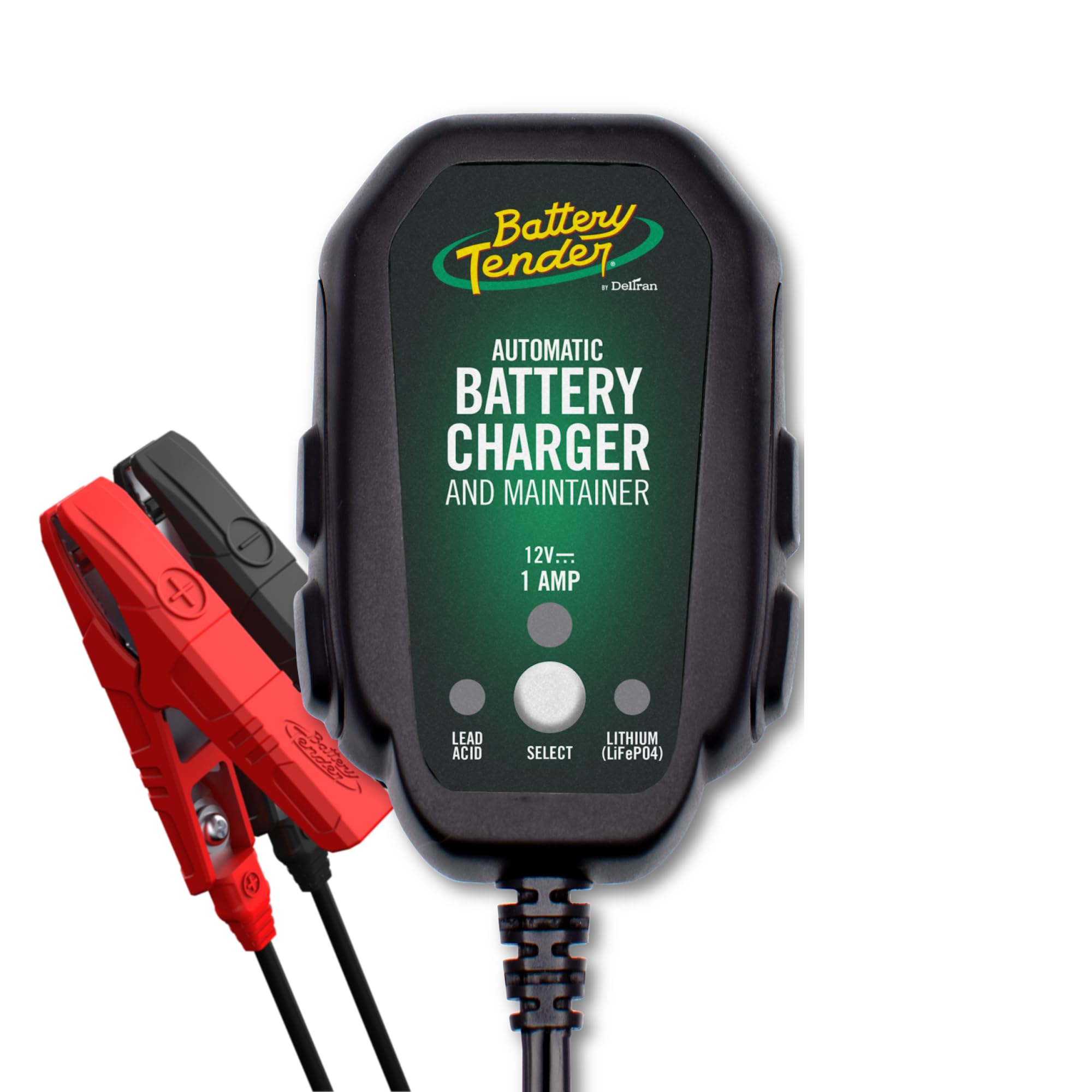 Battery Tender front view showing compact charger and ports for easy storage
