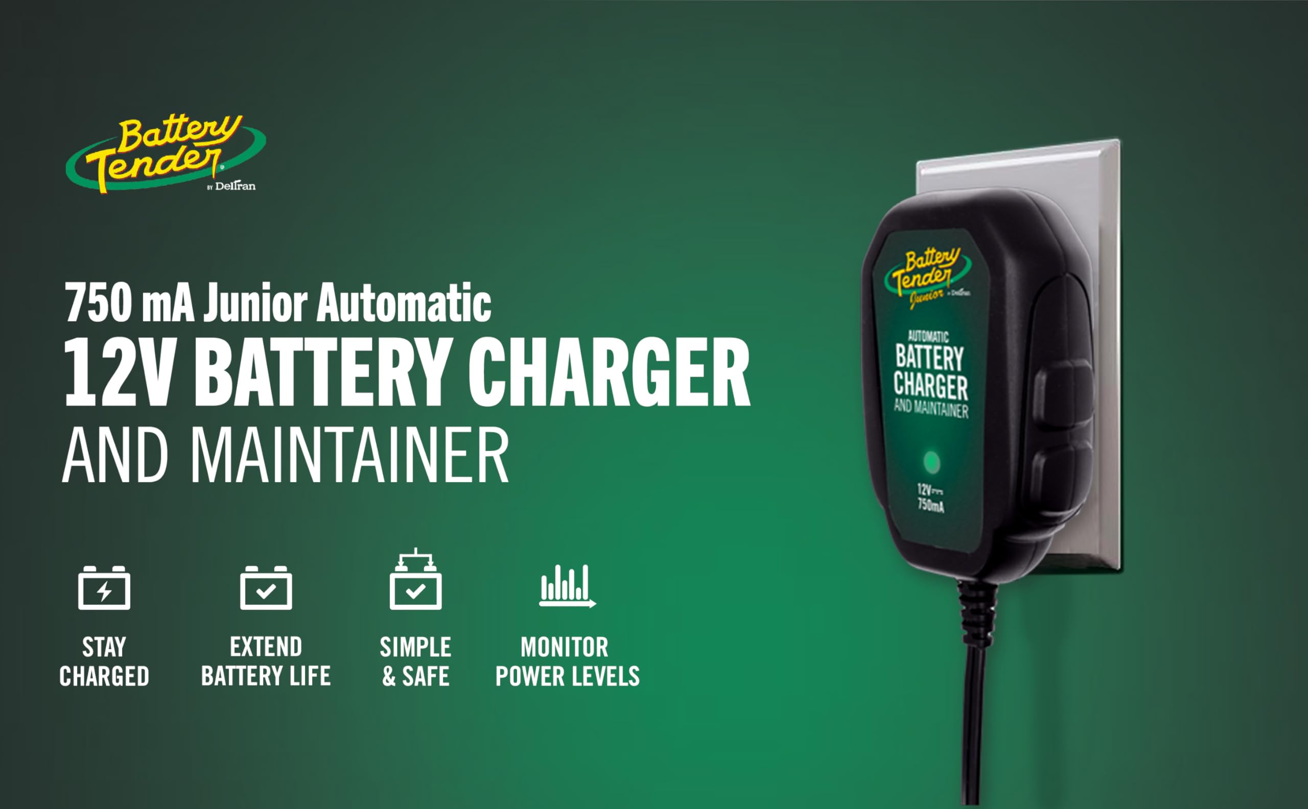 Battery Tender product label and specs showcasing model and safety features